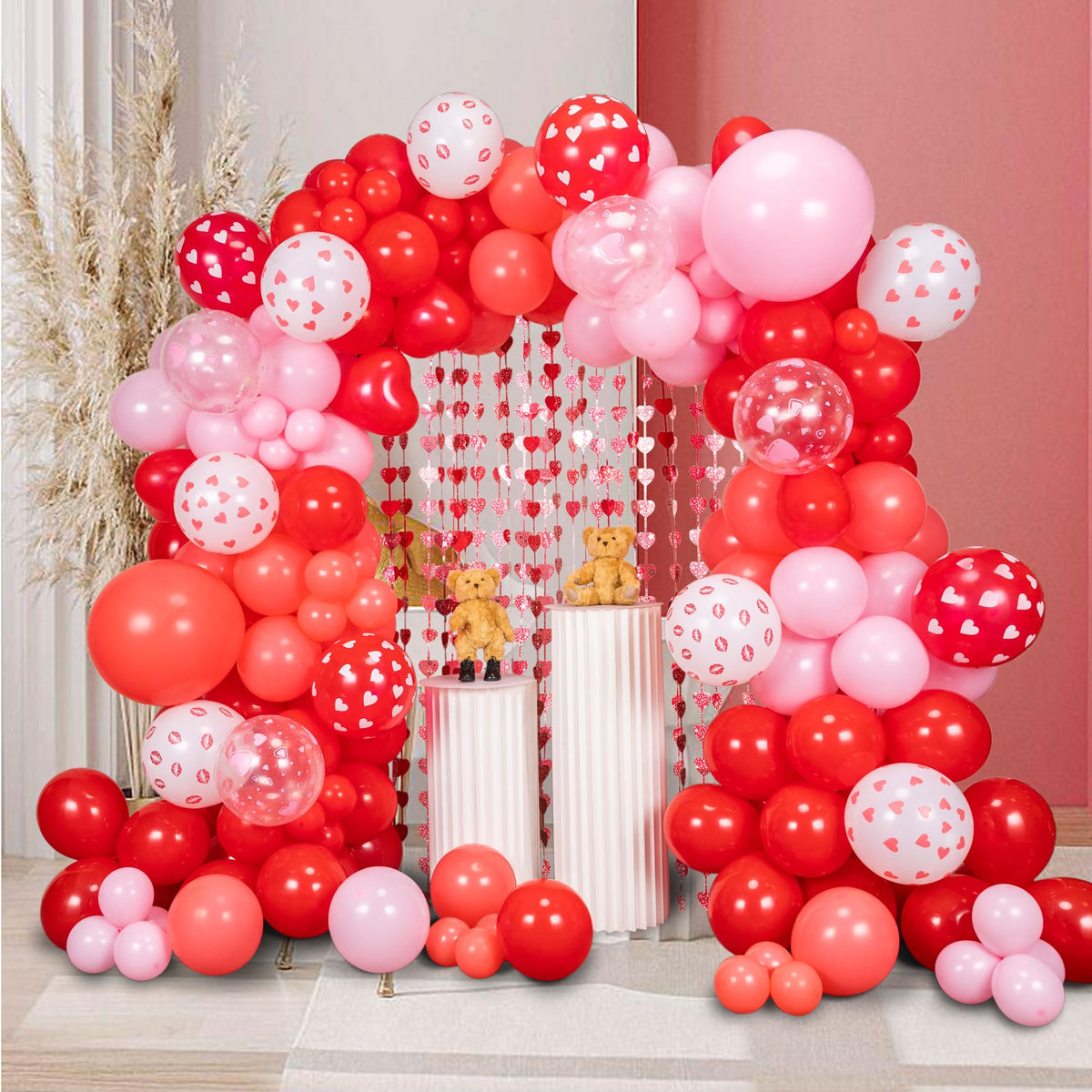 SANERYI 160pcs Valentine’s Balloon Arch Garland Kit – Red & Pink Hearts Backdrop (3.2x6 ft) for Weddings & Celebrations