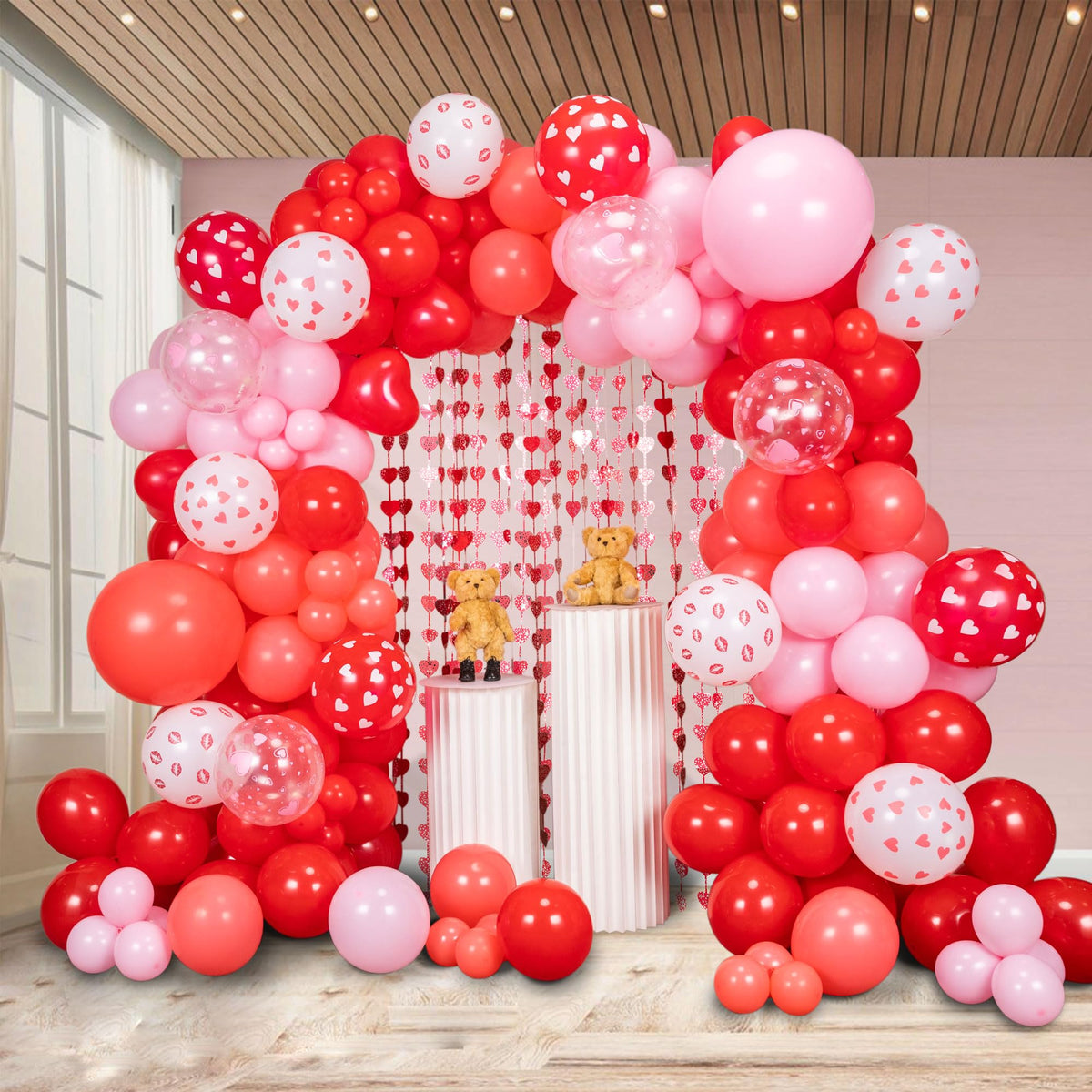 SANERYI 160pcs Valentine’s Balloon Arch Garland Kit – Red & Pink Hearts Backdrop (3.2x6 ft) for Weddings & Celebrations