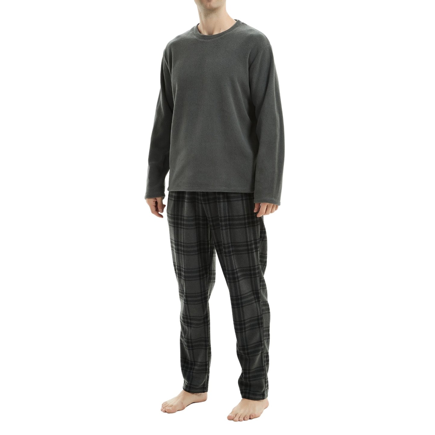 Fluffy Men's Fleece Pajama Set, Thermal Pyjamas in Grey Check.