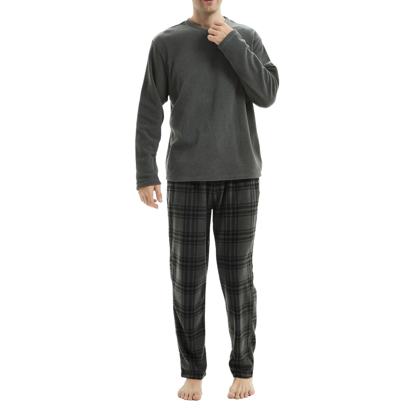 Fluffy Men's Fleece Pajama Set, Thermal Pyjamas in Grey Check.