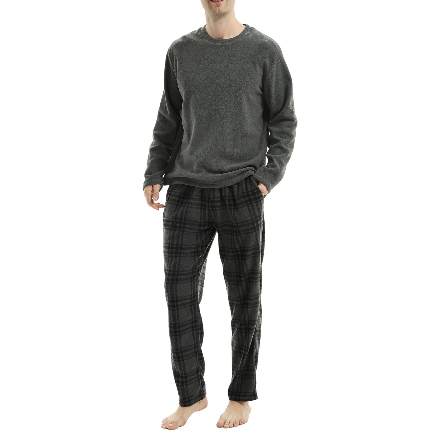 Fluffy Men's Fleece Pajama Set, Thermal Pyjamas in Grey Check.