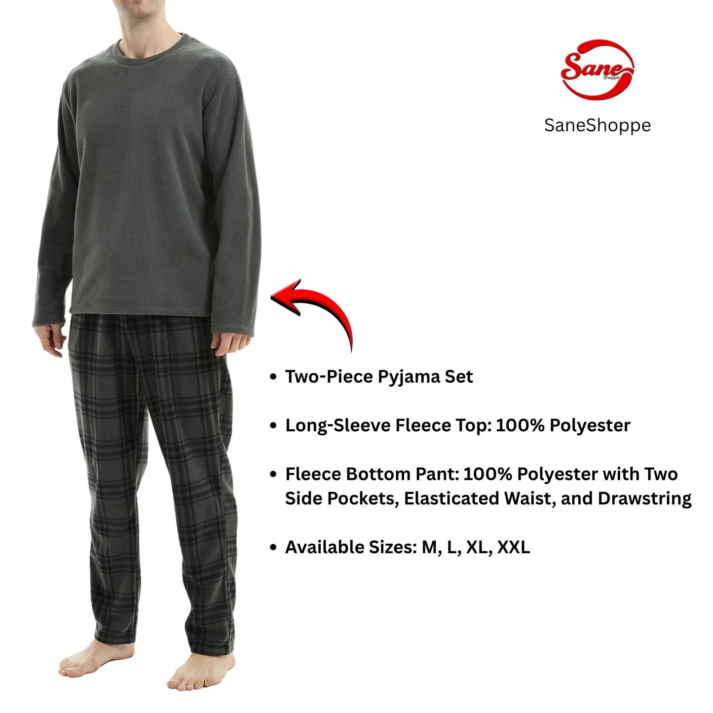 Fluffy Men's Fleece Pajama Set, Thermal Pyjamas in Grey Check.