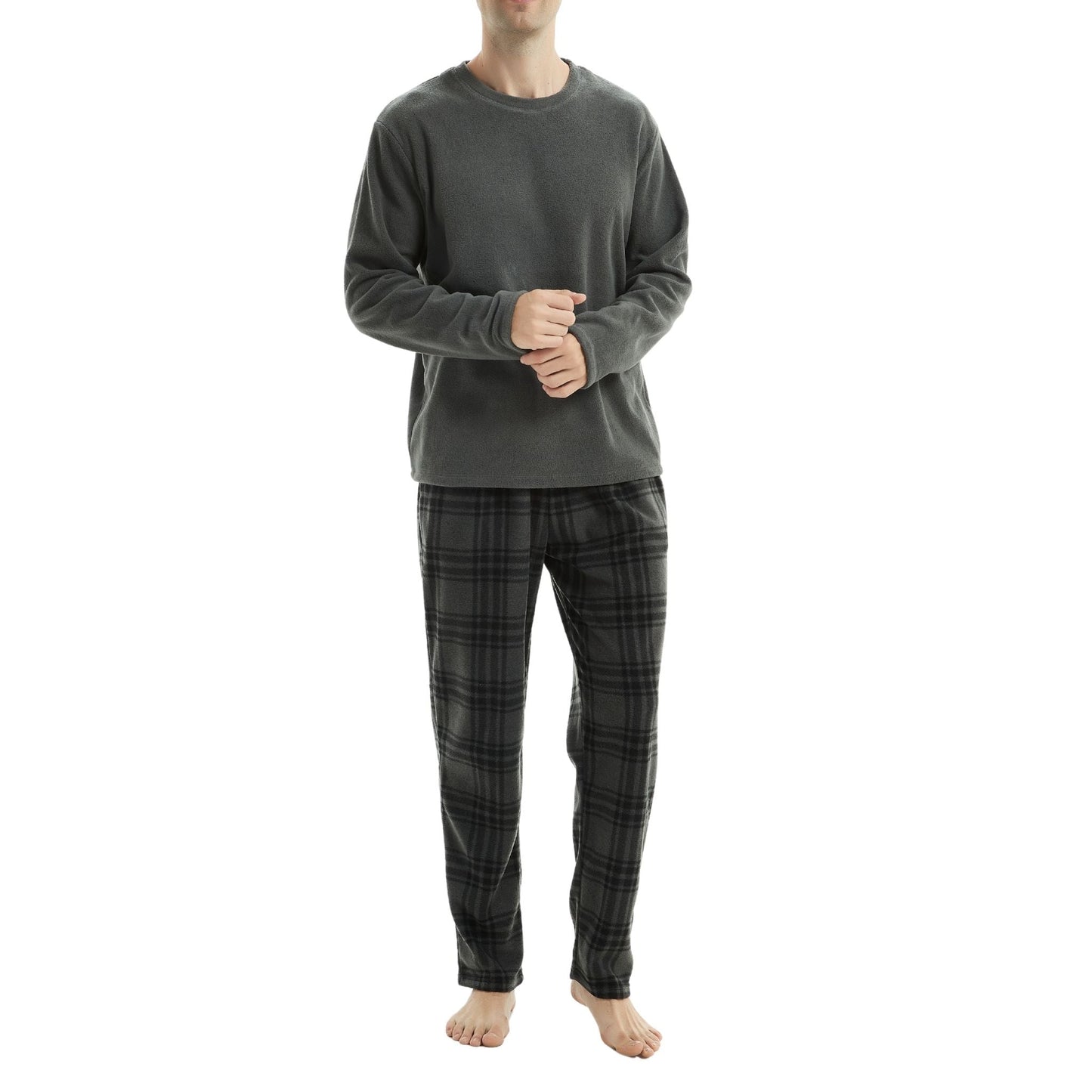 Fluffy Men's Fleece Pajama Set, Thermal Pyjamas in Grey Check.