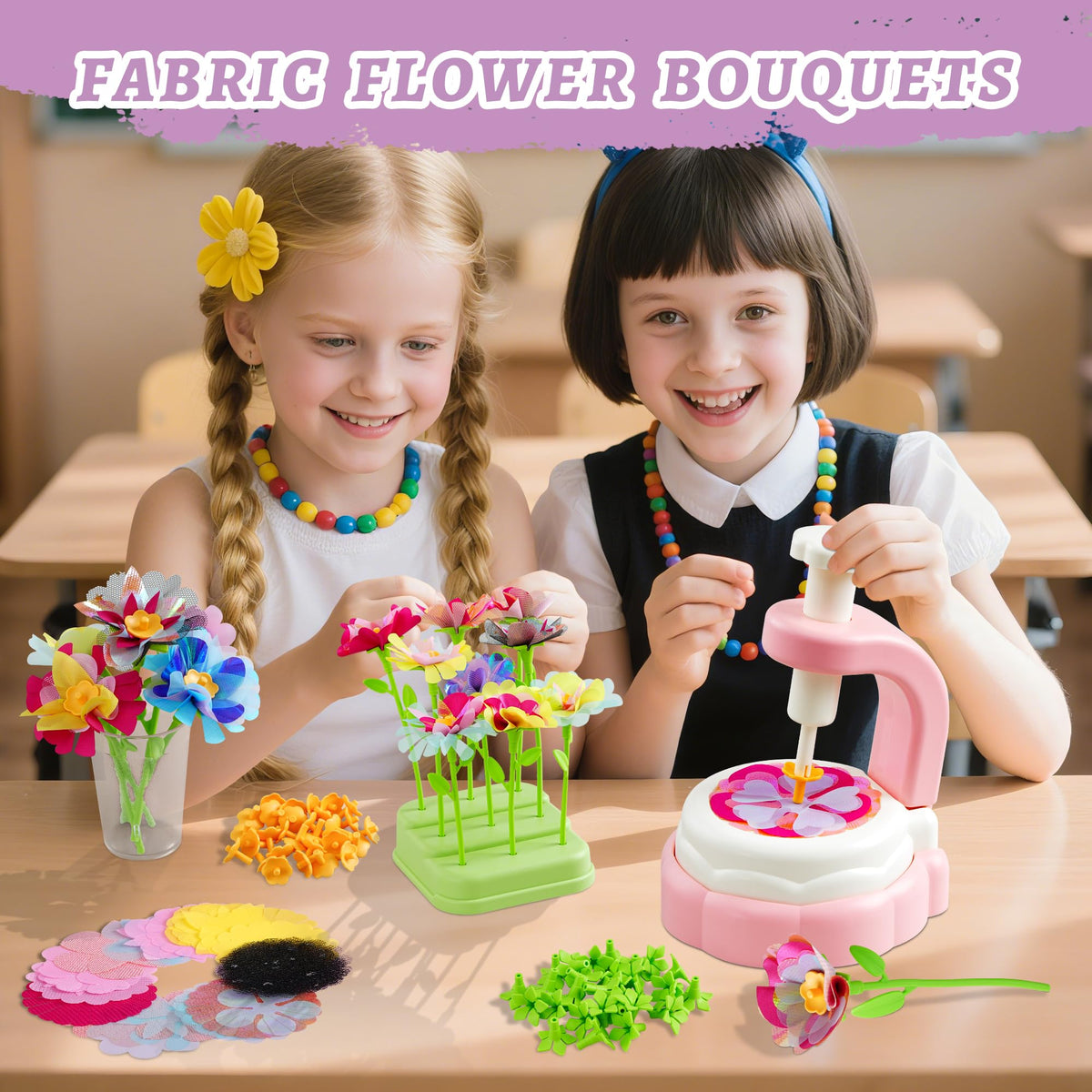 SANGQAOFU Fabric Flower Bouquets Kit - DIY Arts & Crafts for Kids Aged 3-12