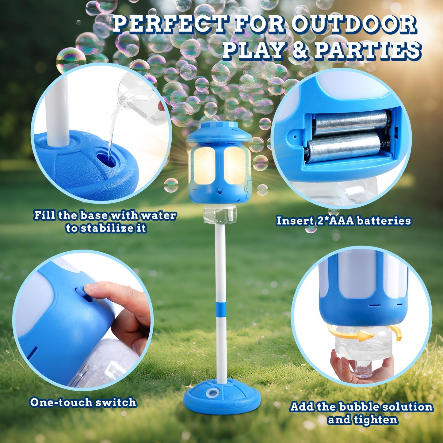 SANGQAOFU Bubble Machine for Kids: Lights, Music & Standalone Outdoor Bubble Blower