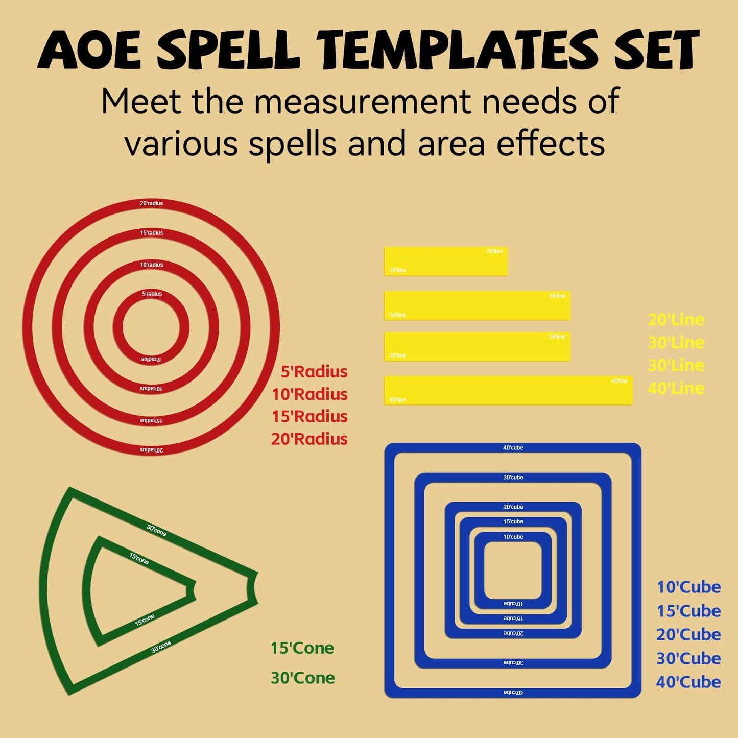 SANKOYO 15-Piece Area of Effect Spell Templates for DND | Acrylic AOE Template Set (Cube Circle Cone Line)