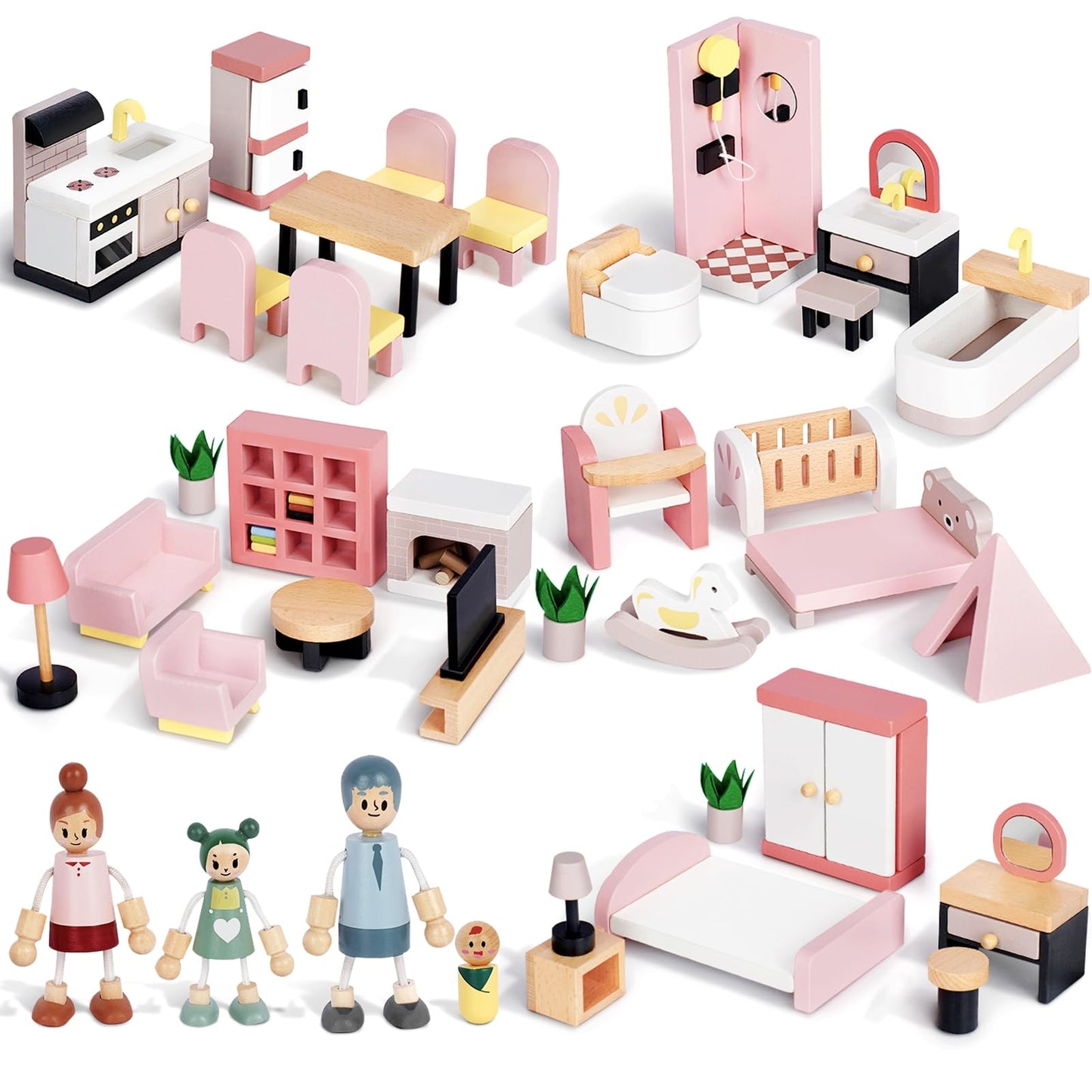 Sanlebi Wooden Dollhouse Furniture Set – 36 Pcs with 4 Family Dolls and 5 Room Kits