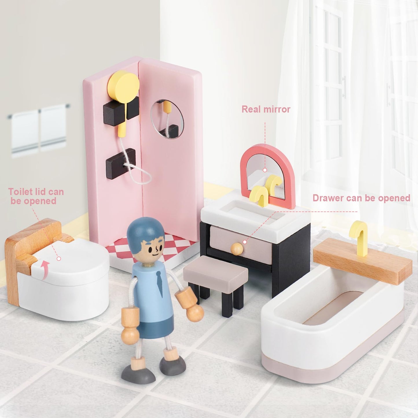 Sanlebi Wooden Dollhouse Furniture Set – 36 Pcs with 4 Family Dolls and 5 Room Kits