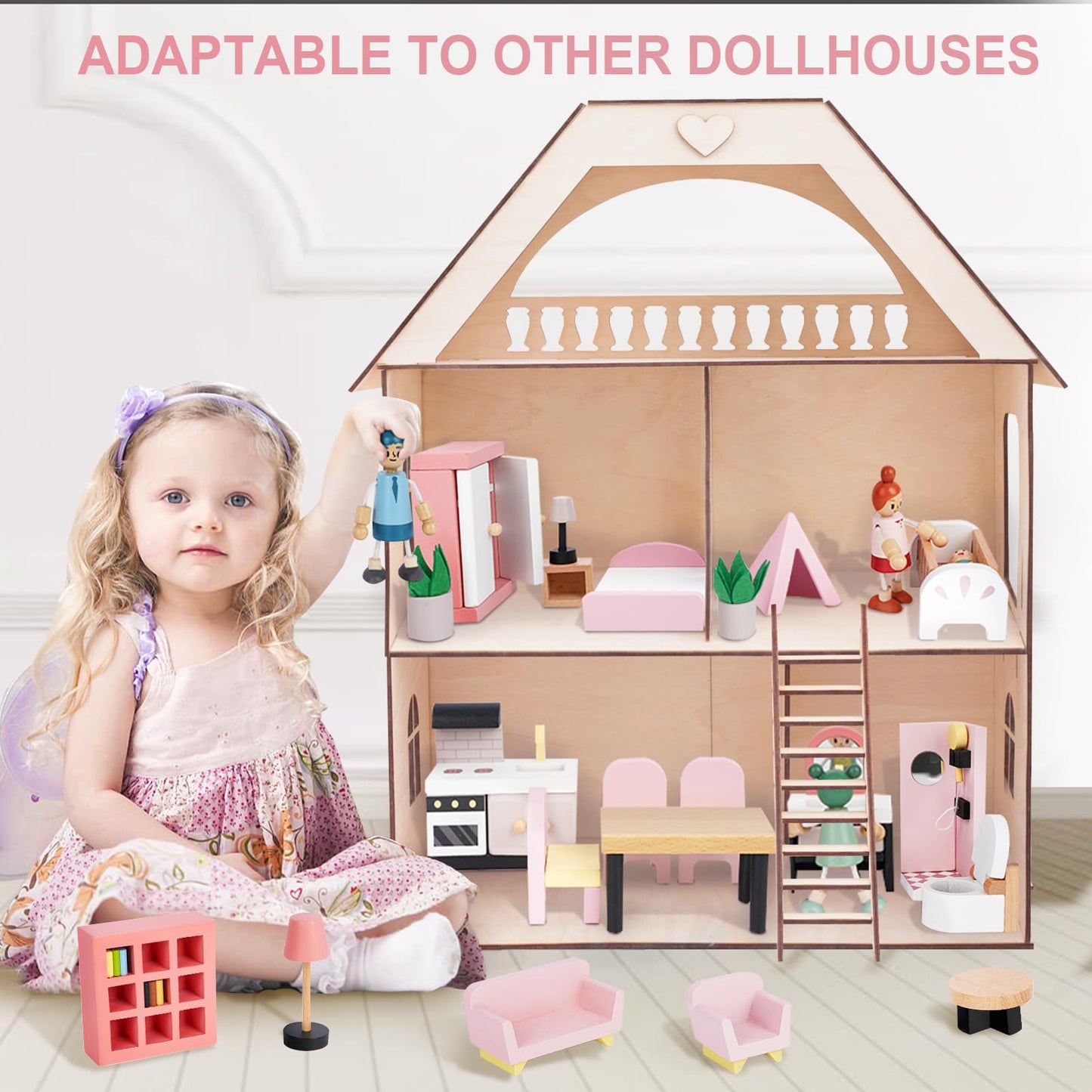 Sanlebi Wooden Dollhouse Furniture Set – 36 Pcs with 4 Family Dolls and 5 Room Kits