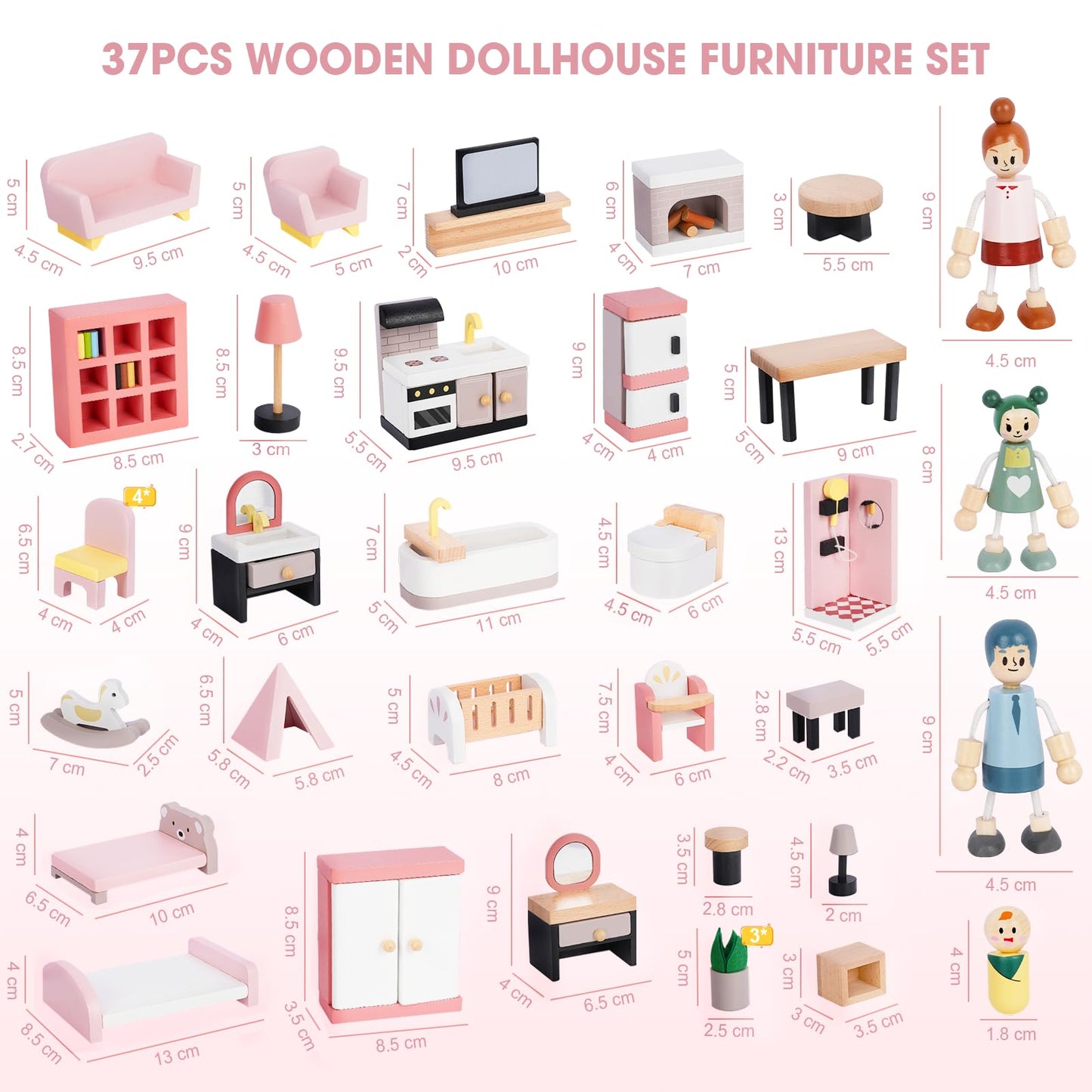 Sanlebi Wooden Dollhouse Furniture Set – 36 Pcs with 4 Family Dolls and 5 Room Kits