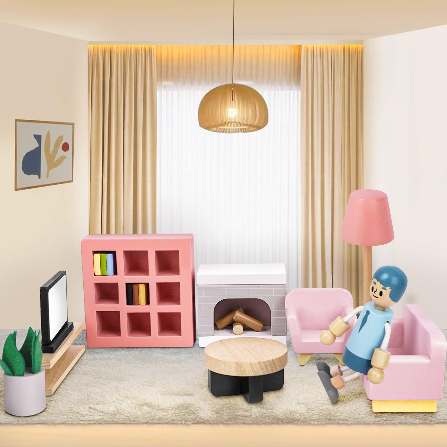 Sanlebi Wooden Dollhouse Furniture Set – 36 Pcs with 4 Family Dolls and 5 Room Kits