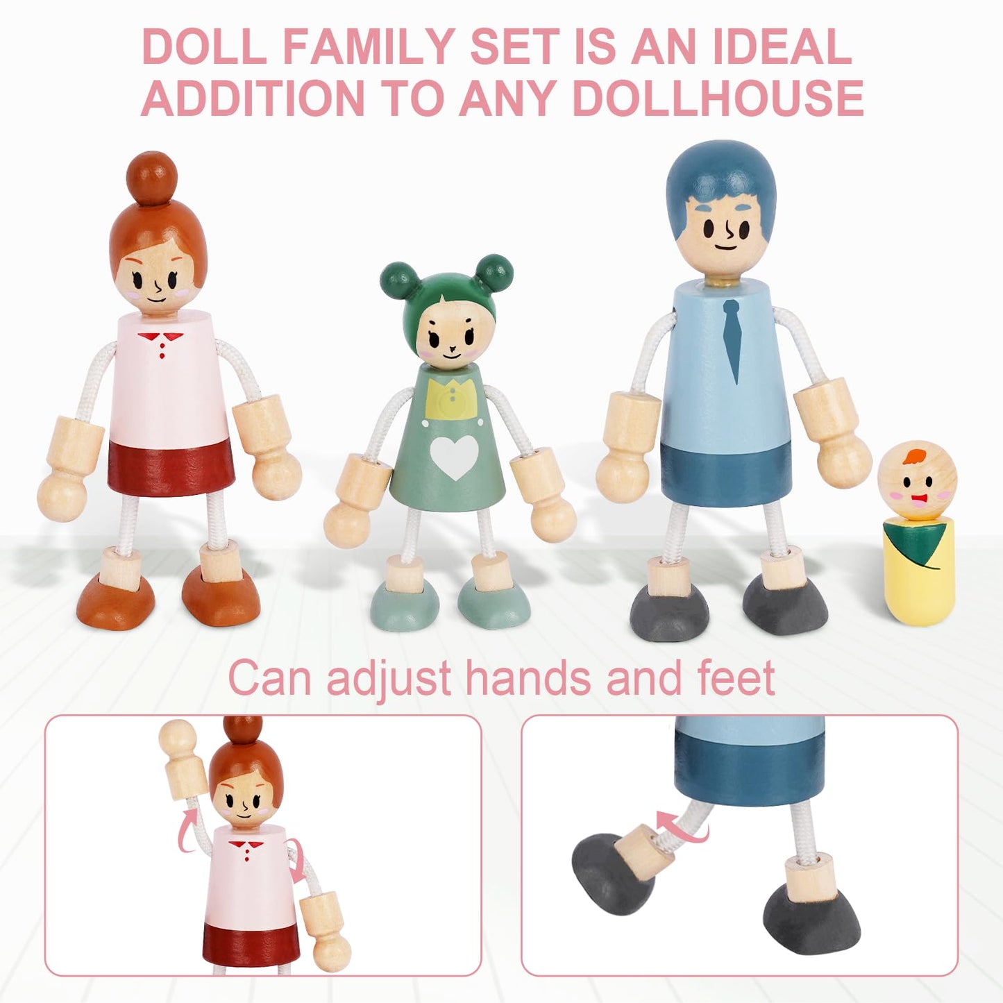 Sanlebi Wooden Dollhouse Furniture Set – 36 Pcs with 4 Family Dolls and 5 Room Kits