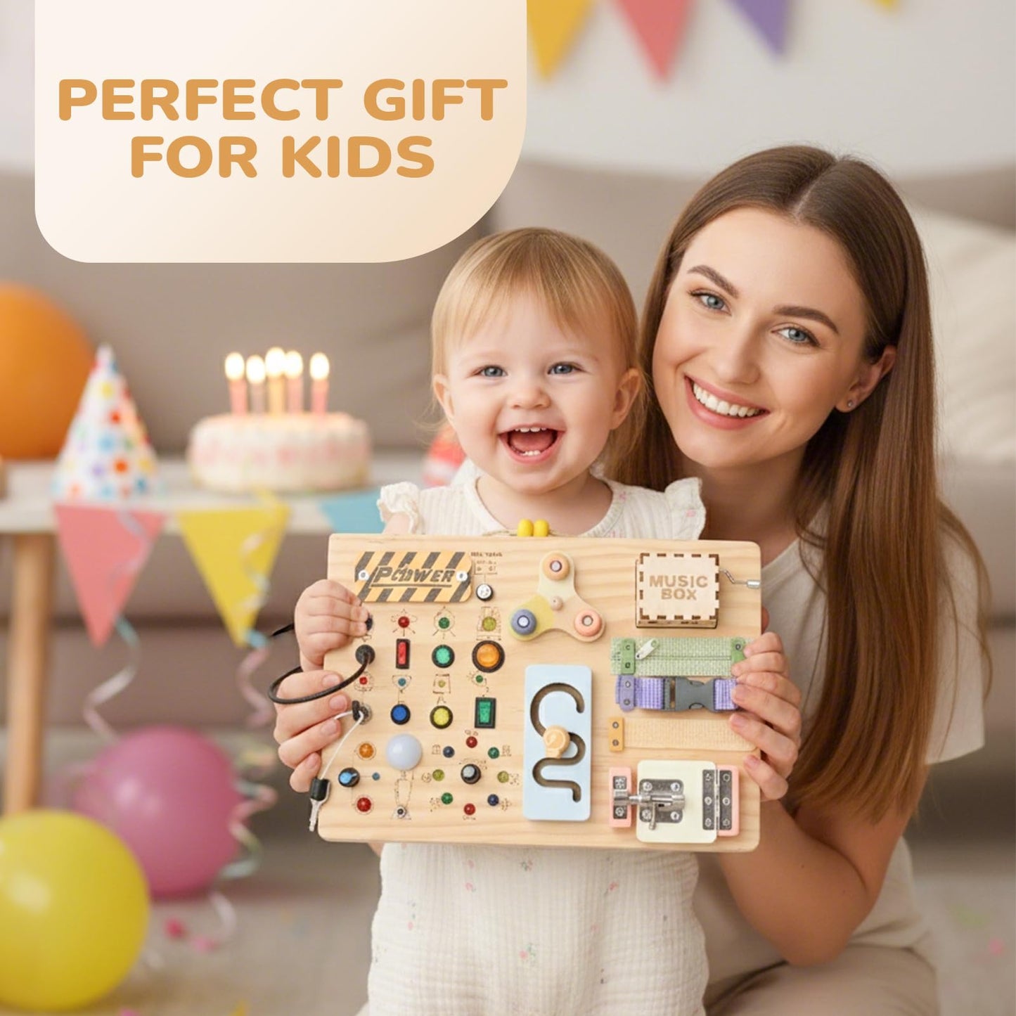 Sanlebi Wooden Busy Board – Montessori Toddler Toy with Switches, Locks, Lights & Music Box
