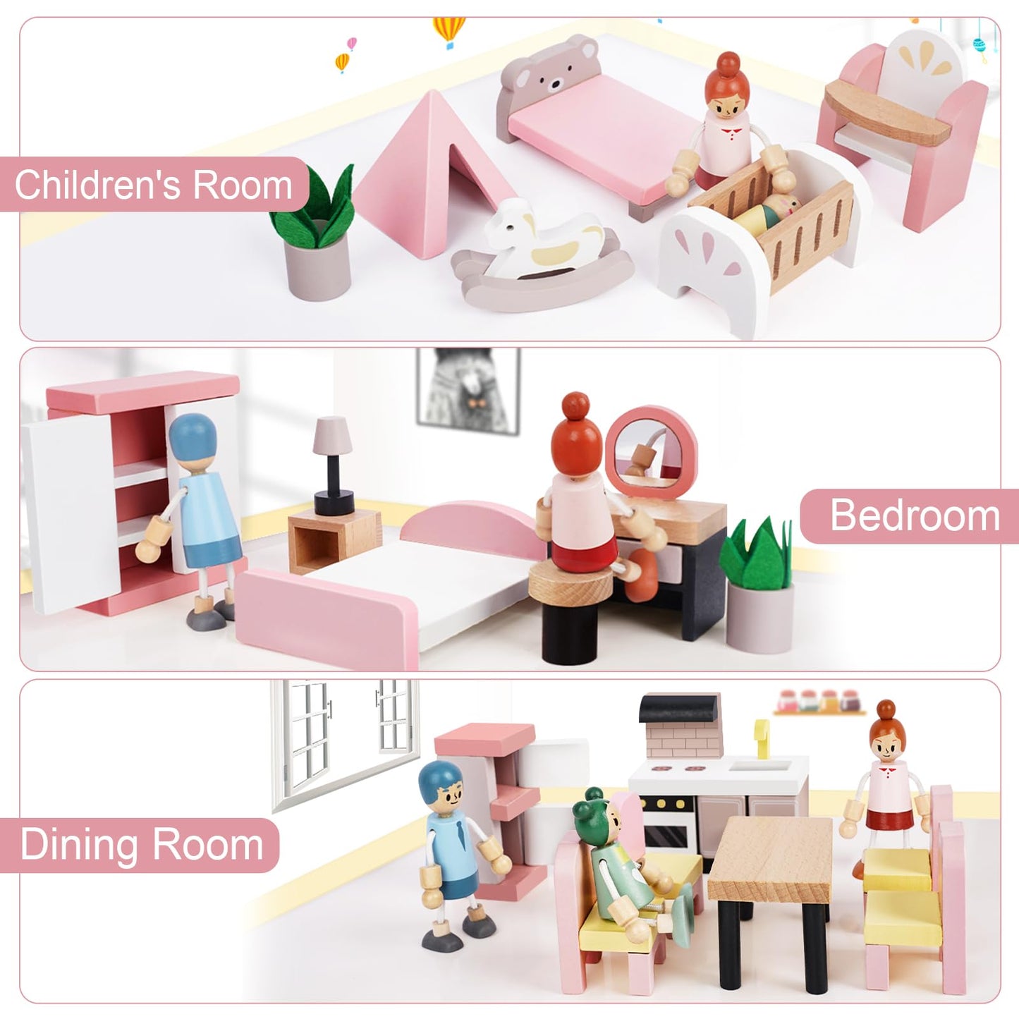 Sanlebi Wooden Dollhouse Furniture Set – 36 Pcs with 4 Family Dolls and 5 Room Kits