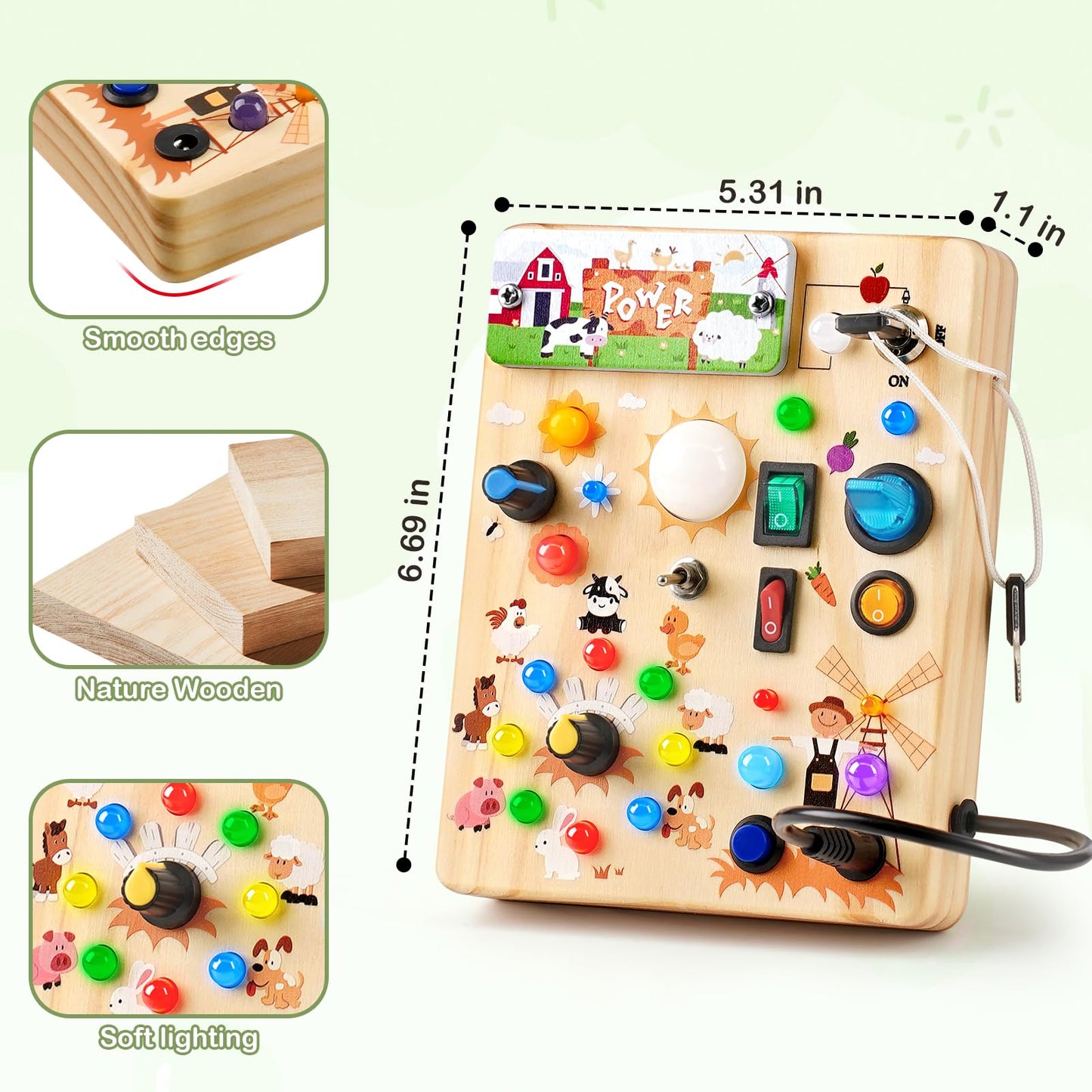 Sanlebi LED Busy Board for Toddlers 1-3 – Farm Theme Montessori Light-Up Wooden Toy