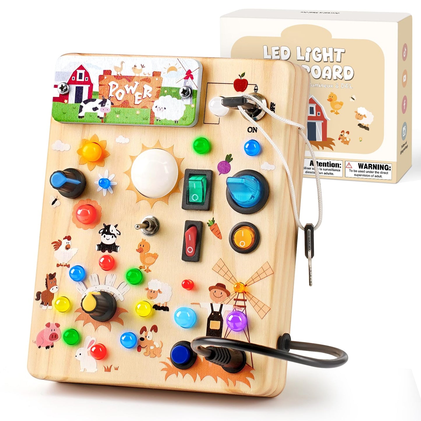 Sanlebi LED Busy Board for Toddlers 1-3 – Farm Theme Montessori Light-Up Wooden Toy