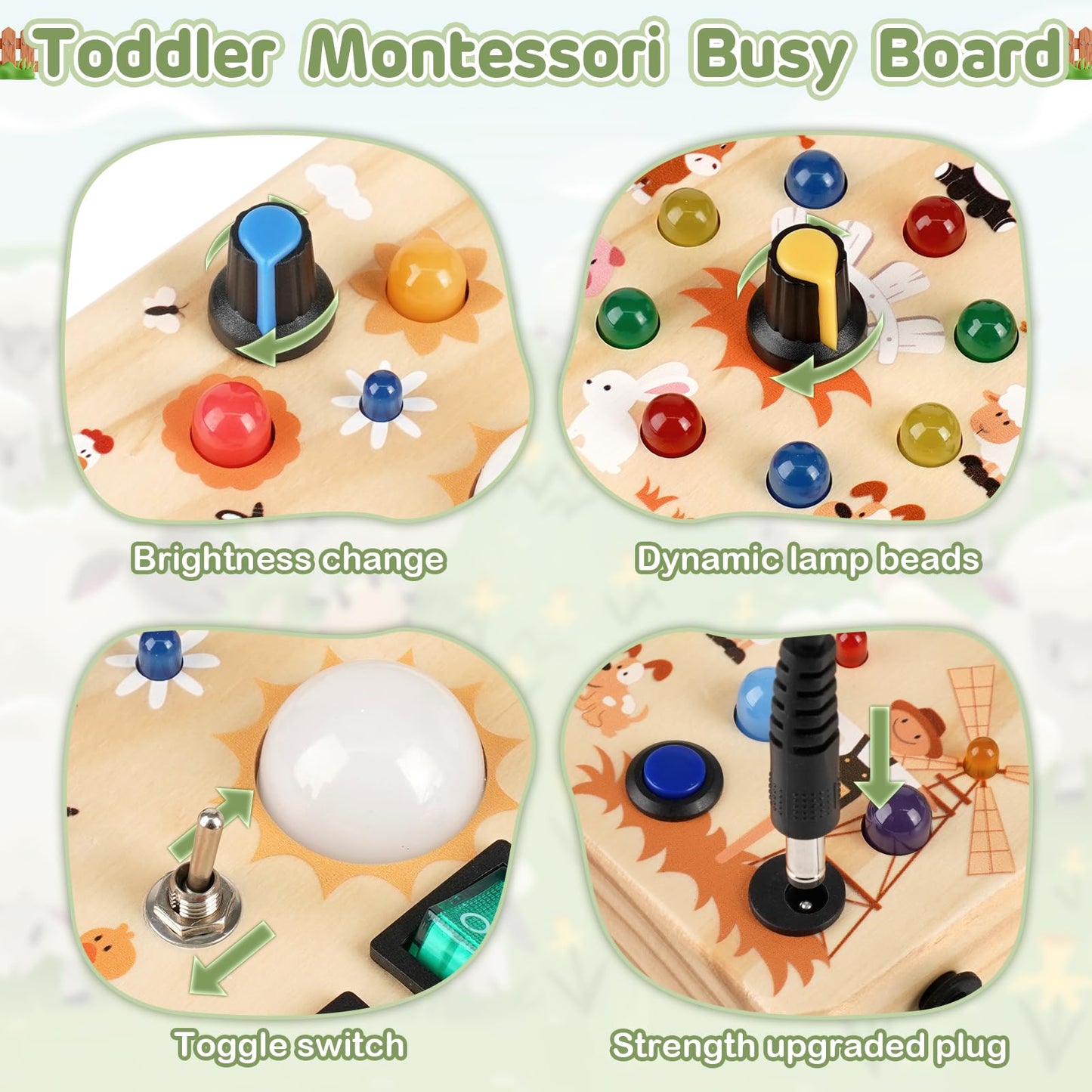 Sanlebi LED Busy Board for Toddlers 1-3 – Farm Theme Montessori Light-Up Wooden Toy