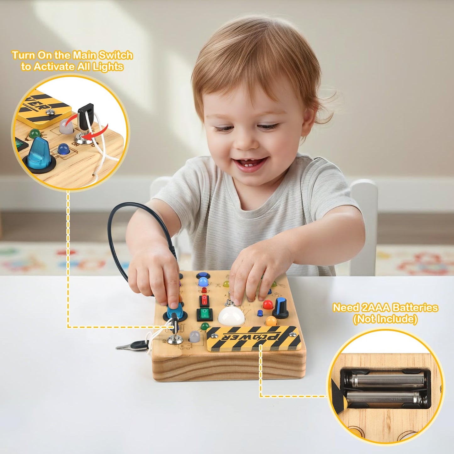 Sanlebi LED Busy Board for Toddlers 1-3 | Montessori Sensory Wood Activity Toy