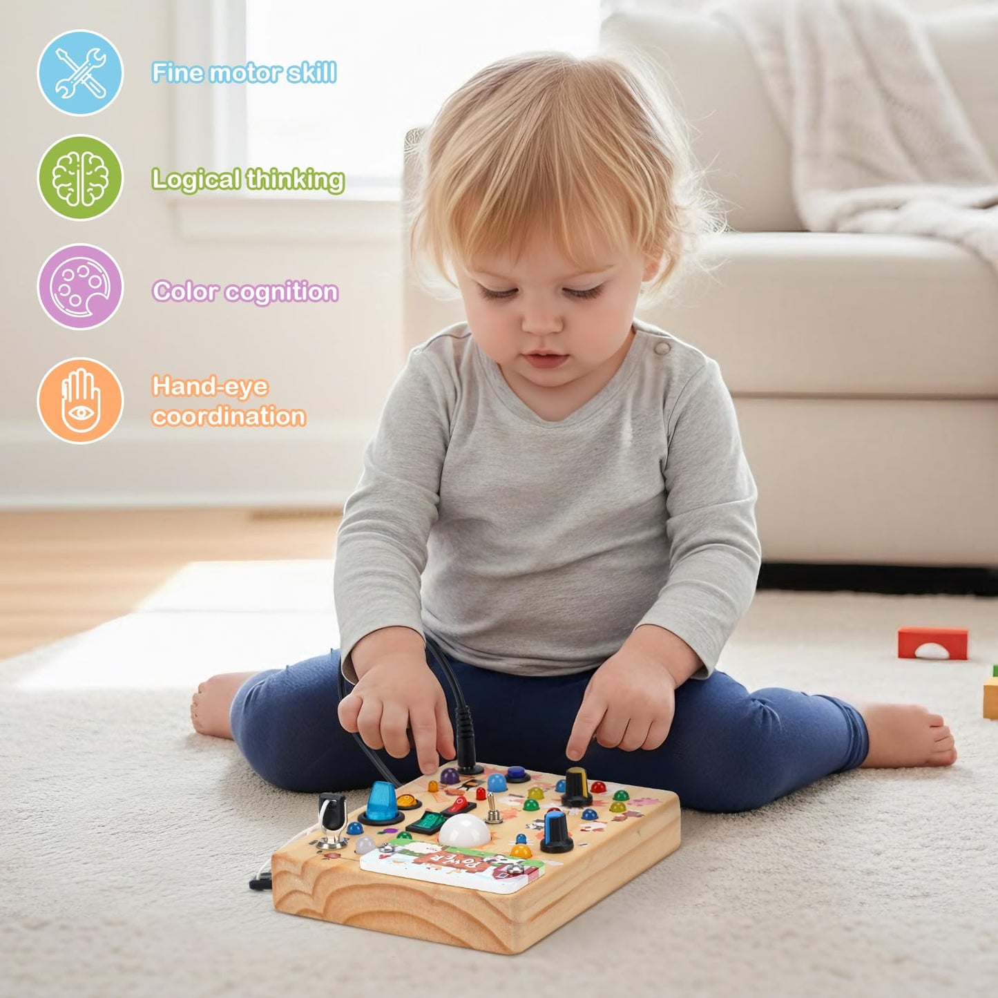 Sanlebi LED Busy Board for Toddlers 1-3 – Farm Theme Montessori Light-Up Wooden Toy