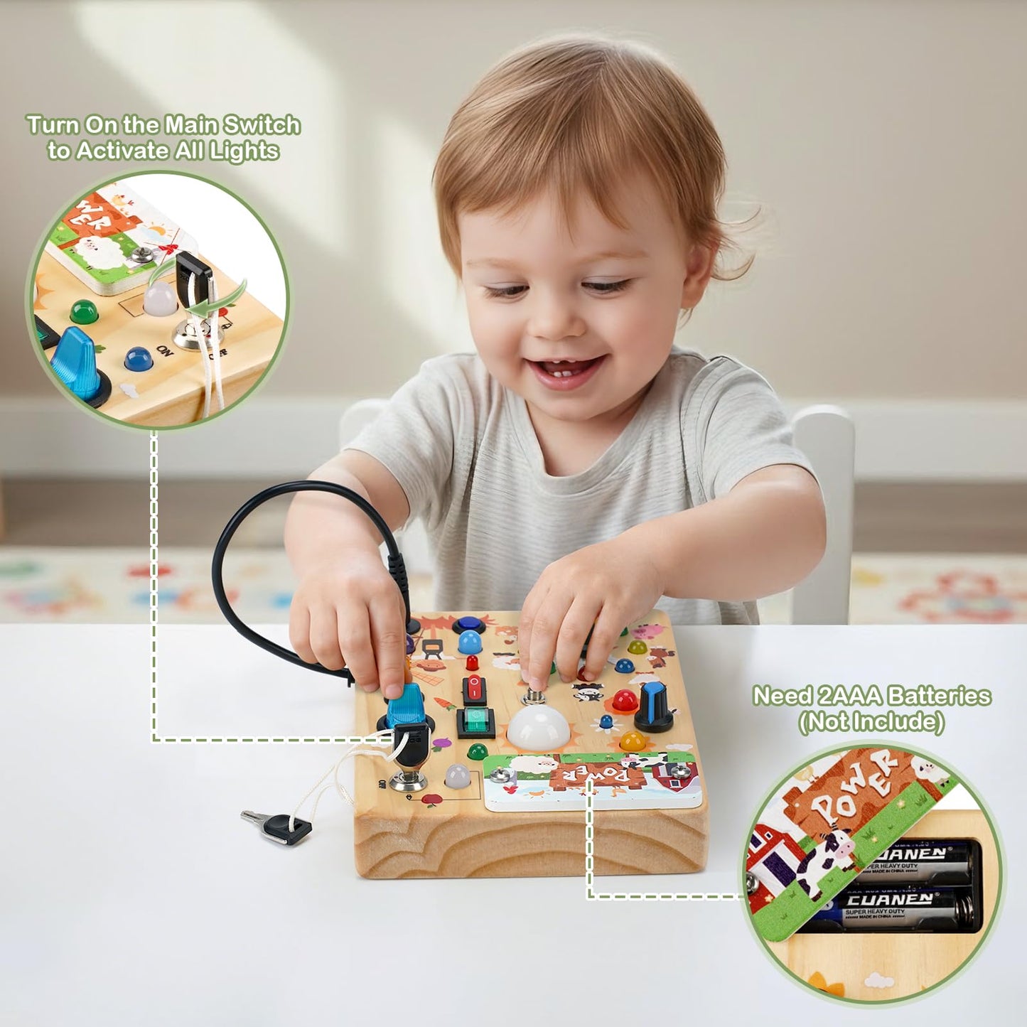 Sanlebi LED Busy Board for Toddlers 1-3 – Farm Theme Montessori Light-Up Wooden Toy