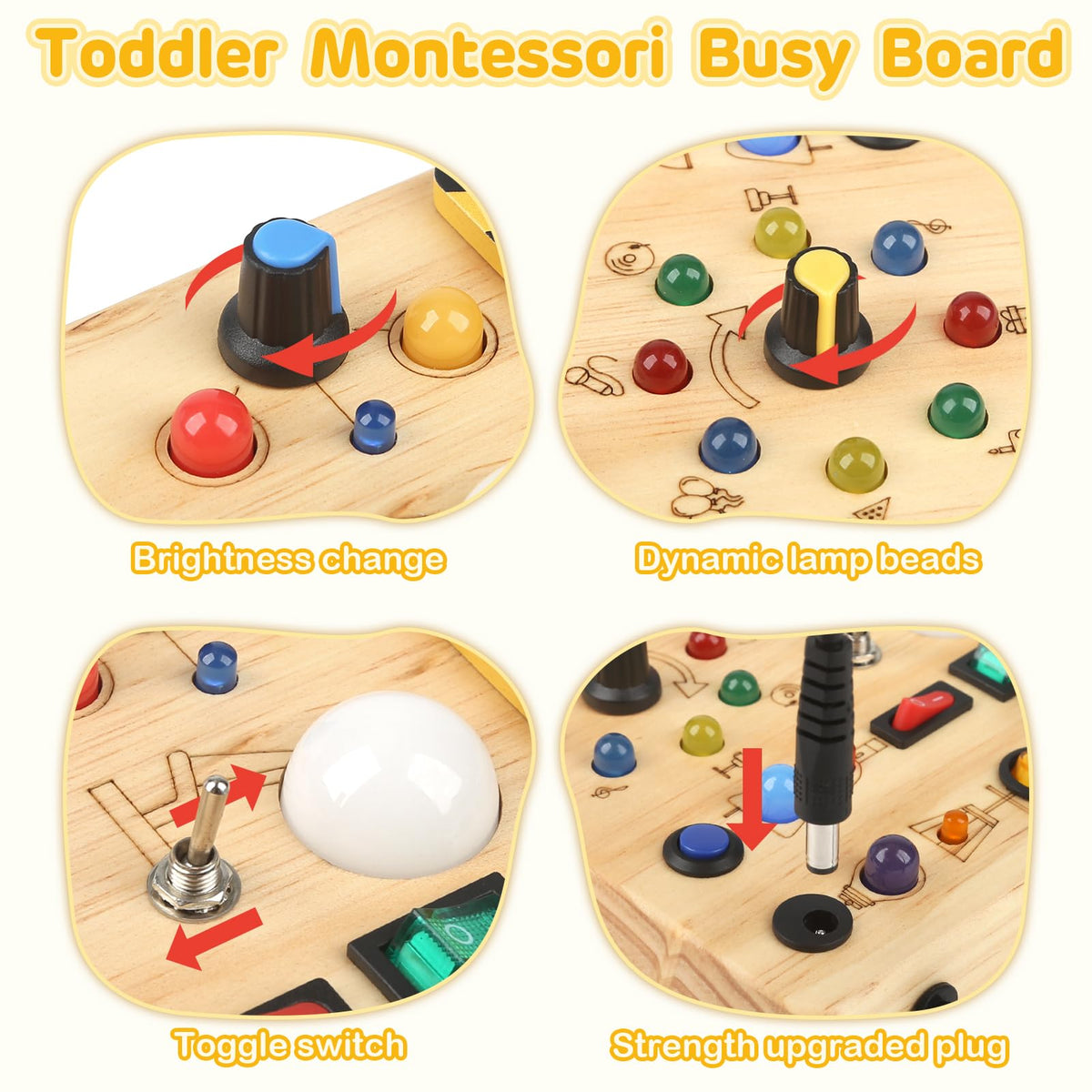 Sanlebi LED Busy Board for Toddlers 1-3 | Montessori Sensory Wood Activity Toy
