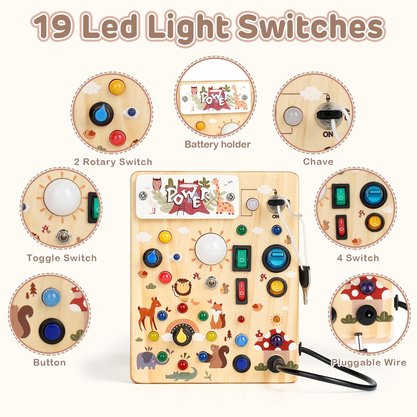Sanlebi LED Busy Board for Toddlers 1-3 – Forest Theme Montessori Wood Activity Board