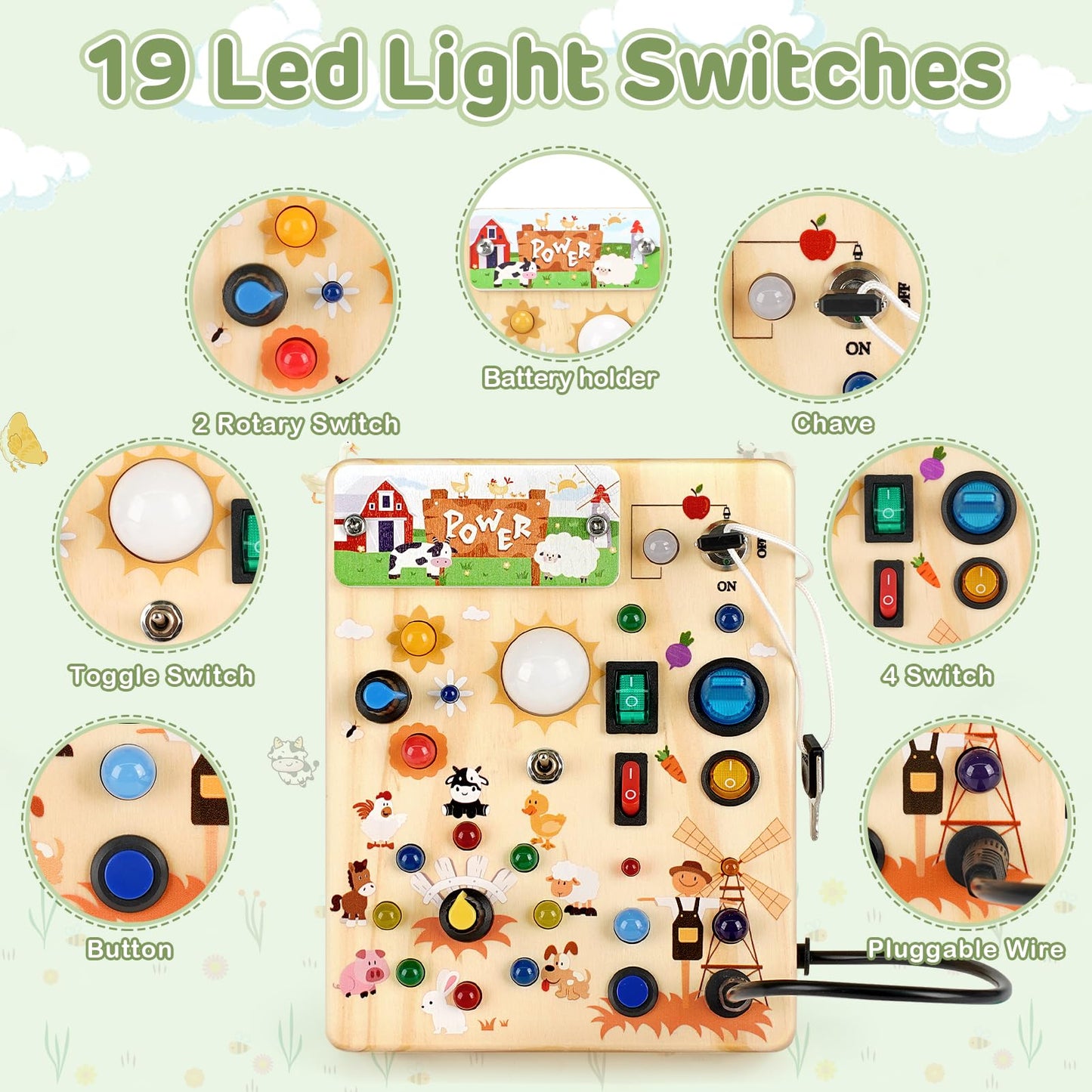Sanlebi LED Busy Board for Toddlers 1-3 – Farm Theme Montessori Light-Up Wooden Toy