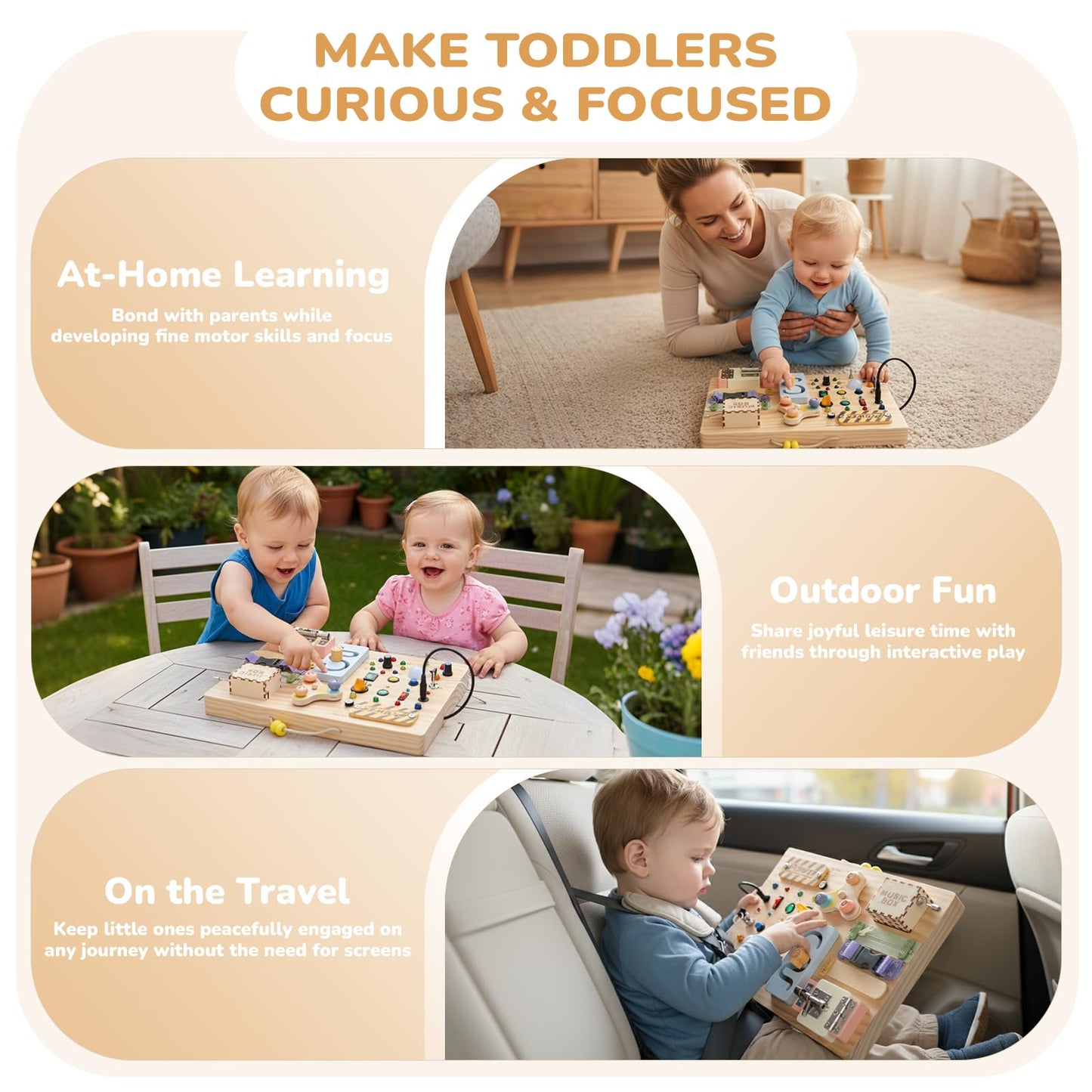 Sanlebi Wooden Busy Board – Montessori Toddler Toy with Switches, Locks, Lights & Music Box