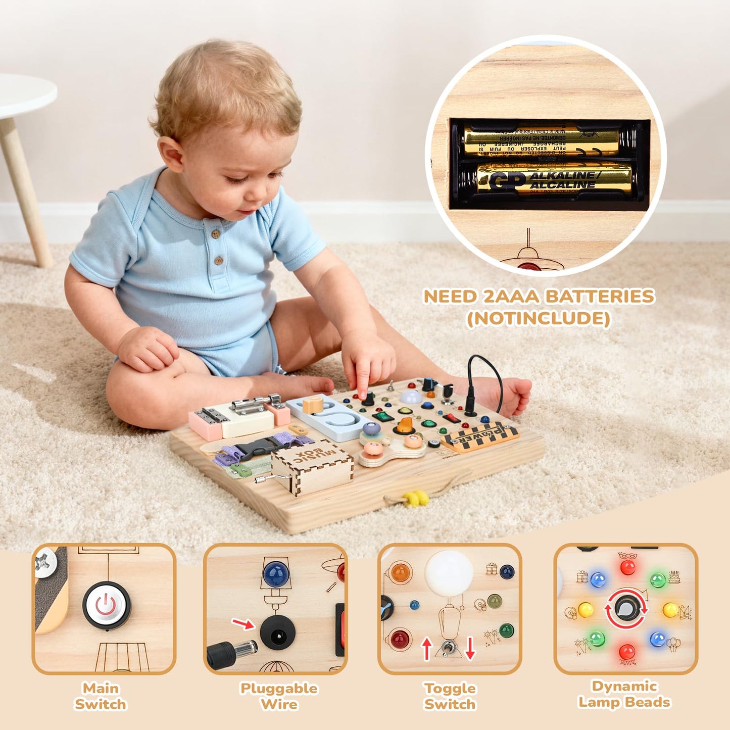 Sanlebi Wooden Busy Board – Montessori Toddler Toy with Switches, Locks, Lights & Music Box
