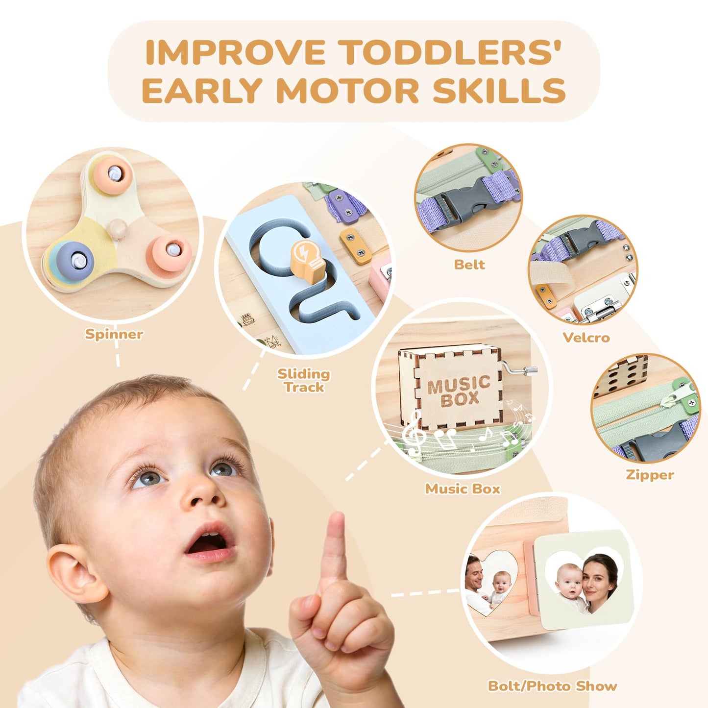 Sanlebi Wooden Busy Board – Montessori Toddler Toy with Switches, Locks, Lights & Music Box