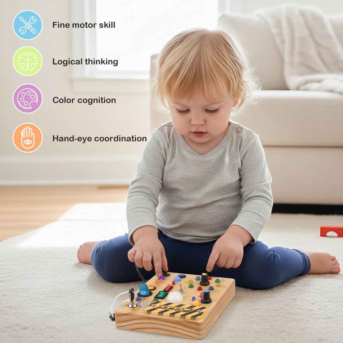 Sanlebi LED Busy Board for Toddlers 1-3 | Montessori Sensory Wood Activity Toy