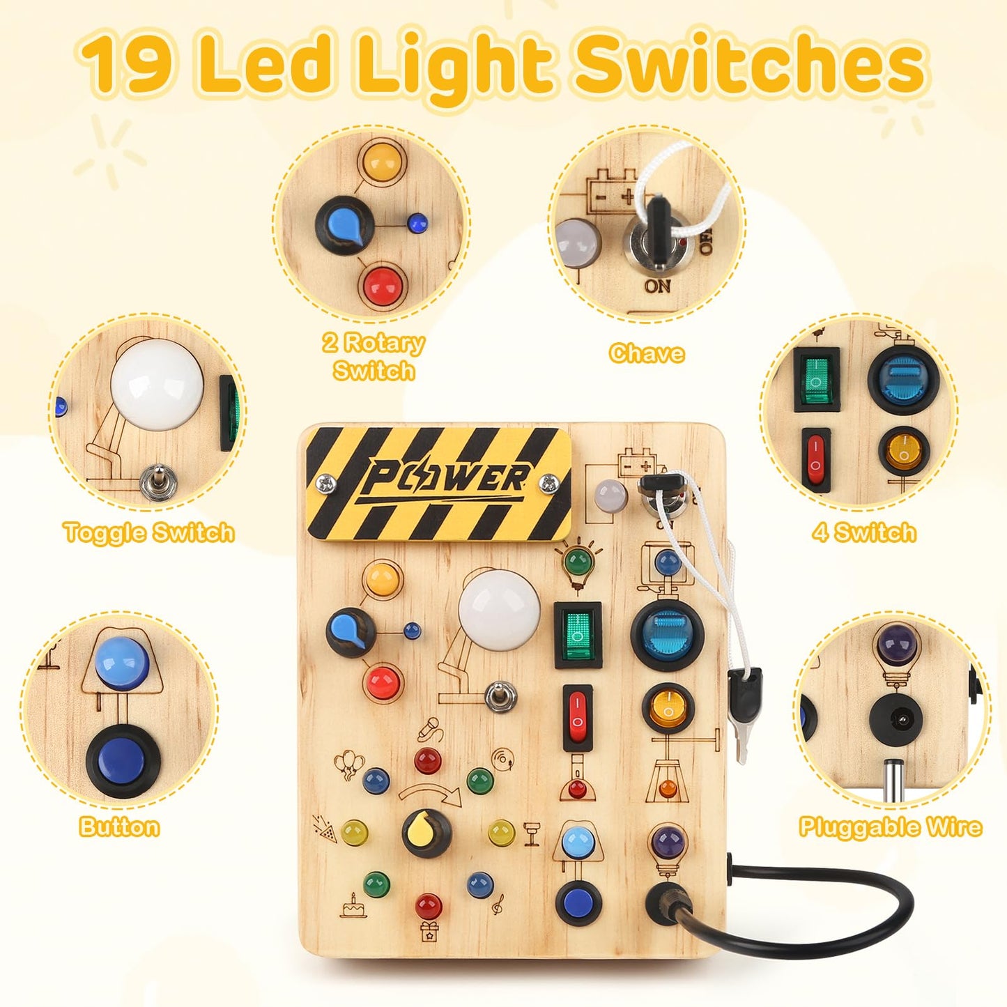Sanlebi LED Busy Board for Toddlers 1-3 | Montessori Sensory Wood Activity Toy
