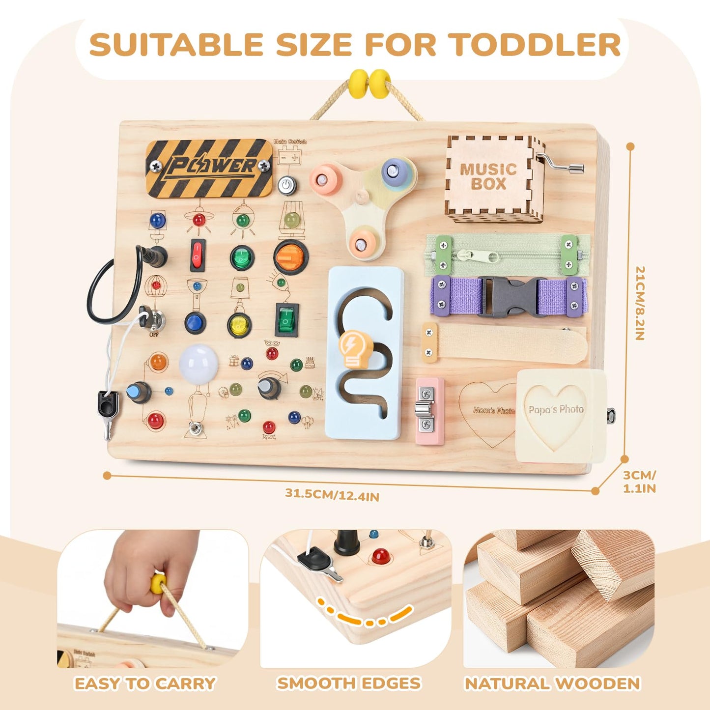 Sanlebi Wooden Busy Board – Montessori Toddler Toy with Switches, Locks, Lights & Music Box