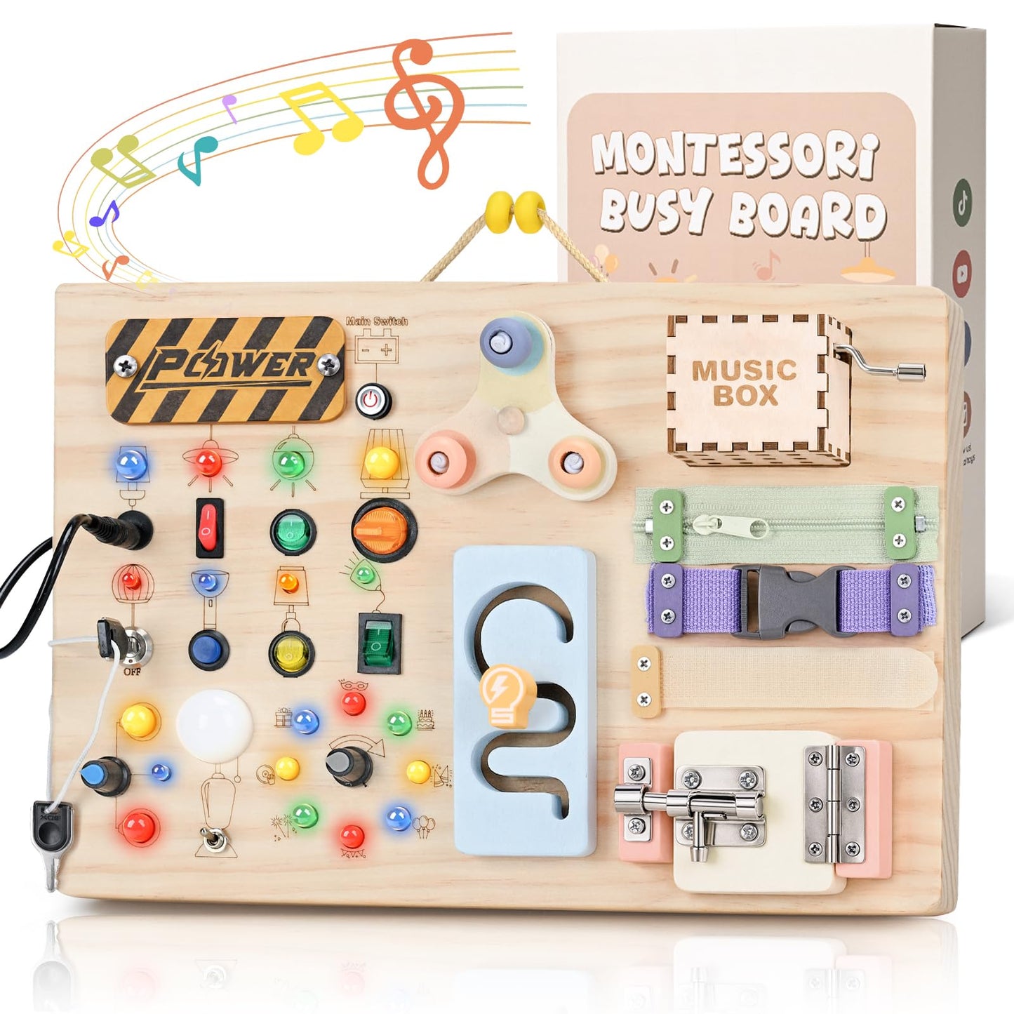 Sanlebi Wooden Busy Board – Montessori Toddler Toy with Switches, Locks, Lights & Music Box