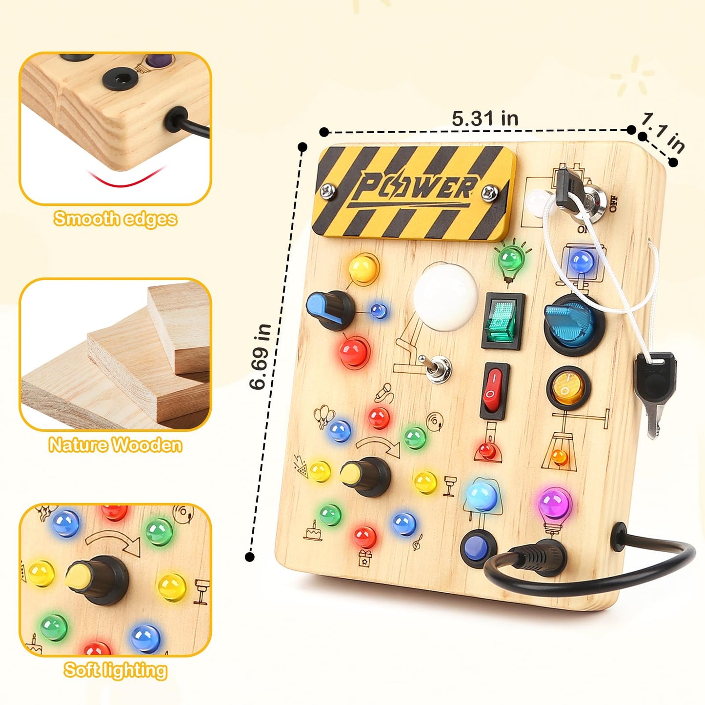 Sanlebi LED Busy Board for Toddlers 1-3 | Montessori Sensory Wood Activity Toy