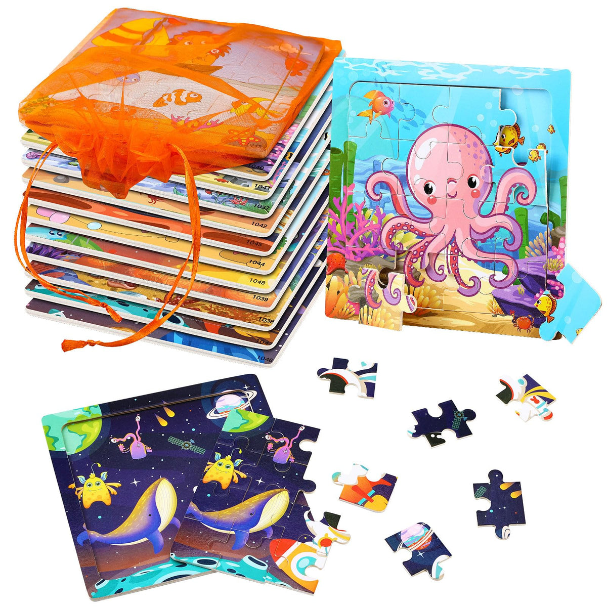 SANNIX 12 Pack Wooden Jigsaw Puzzles for Kids – Ocean & Space Sets with Storage Bags