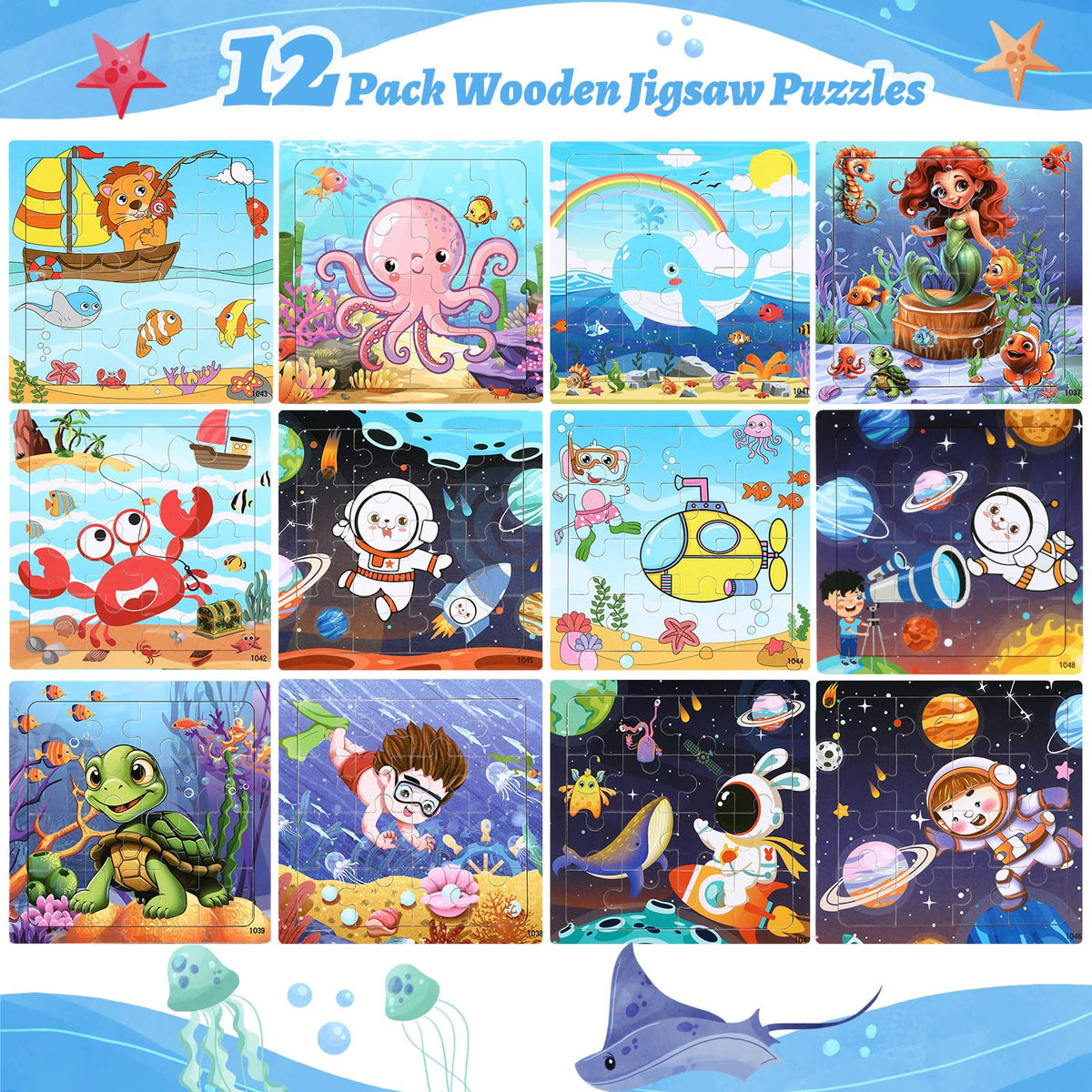 SANNIX 12 Pack Wooden Jigsaw Puzzles for Kids – Ocean & Space Sets with Storage Bags