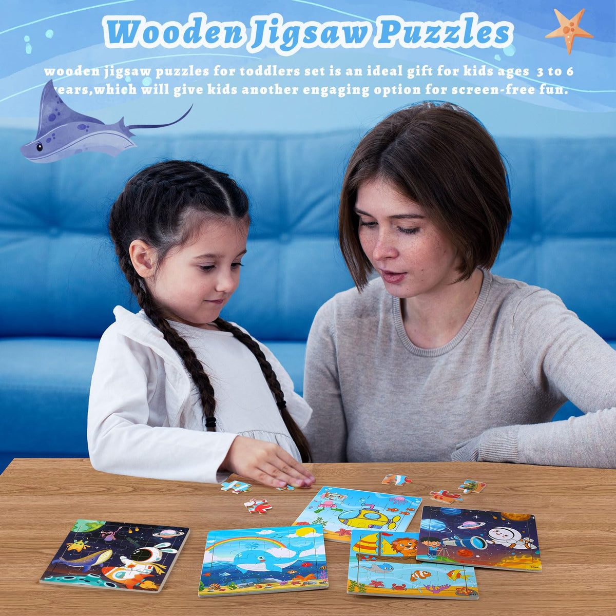 SANNIX 12 Pack Wooden Jigsaw Puzzles for Kids – Ocean & Space Sets with Storage Bags