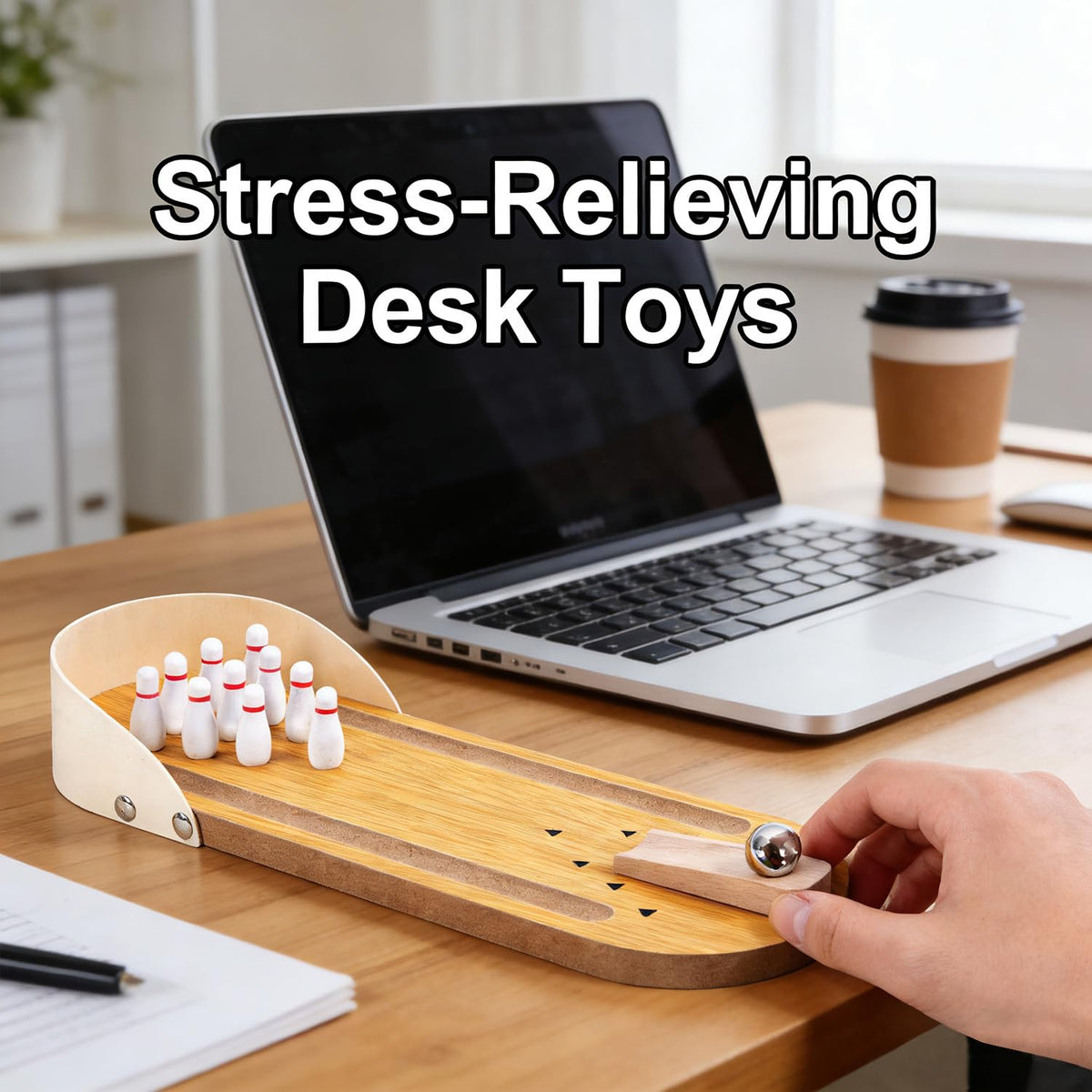 SANTA CASA Wooden Mini Bowling Desk Set – Stress-Relief Fidget Toy for Men & Teens
