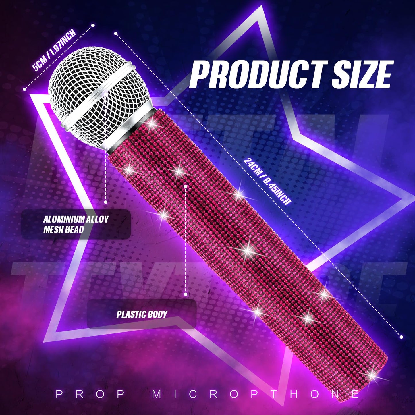 Sanwuta Sparkly Fake Microphone Prop - Rhinestone Bedazzled Mic for Cosplay (Dark Pink)