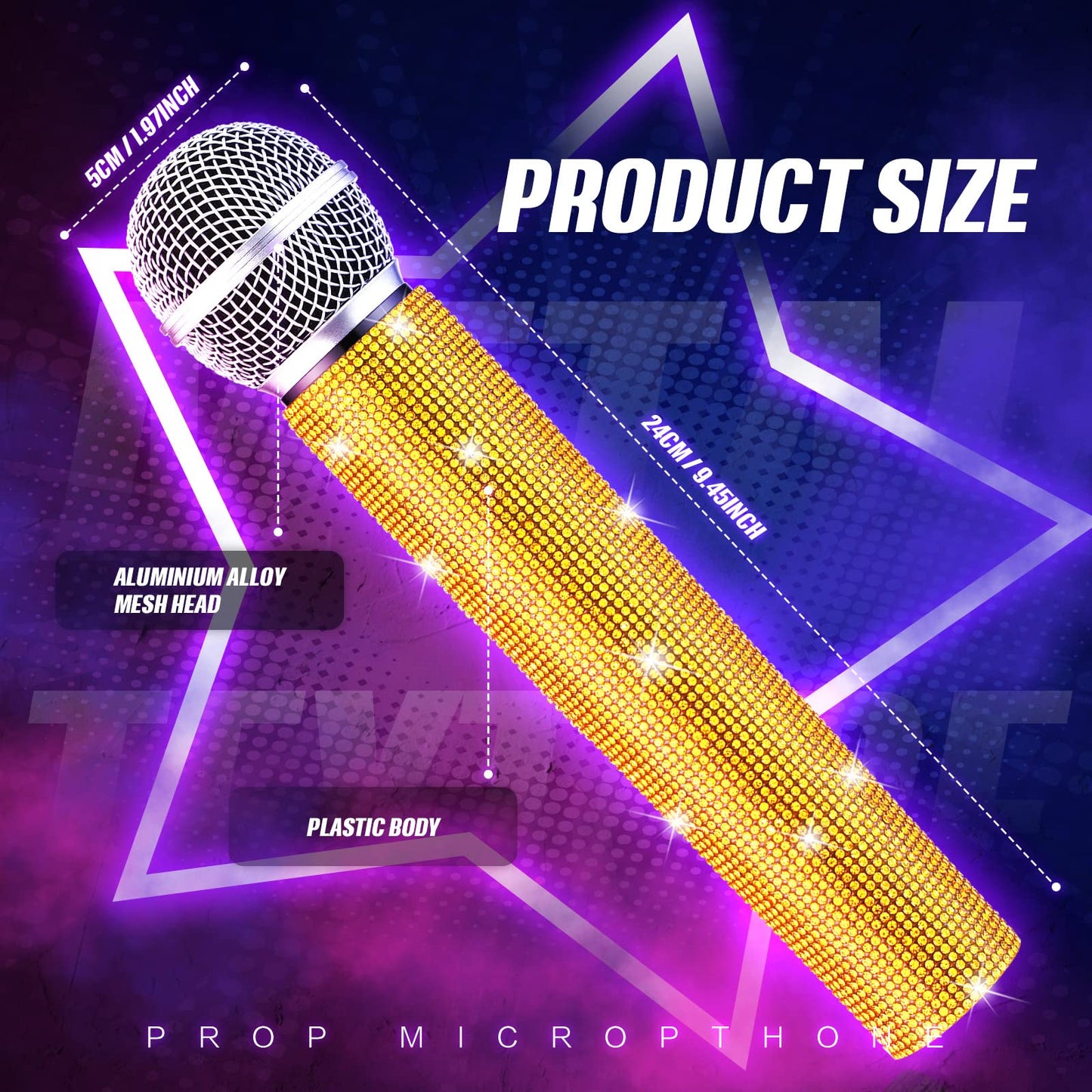 Sanwuta Fake Microphone Prop - Sparkly Rhinestones Gold Bedazzled Mic for Cosplay & Parties