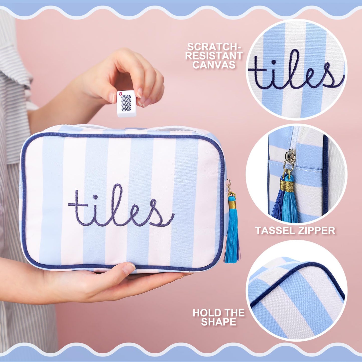 Sanwuta Mahjong Tile Bag with Zipper – 8.46 x 5.51 x 3.54 in, Blue, Classic