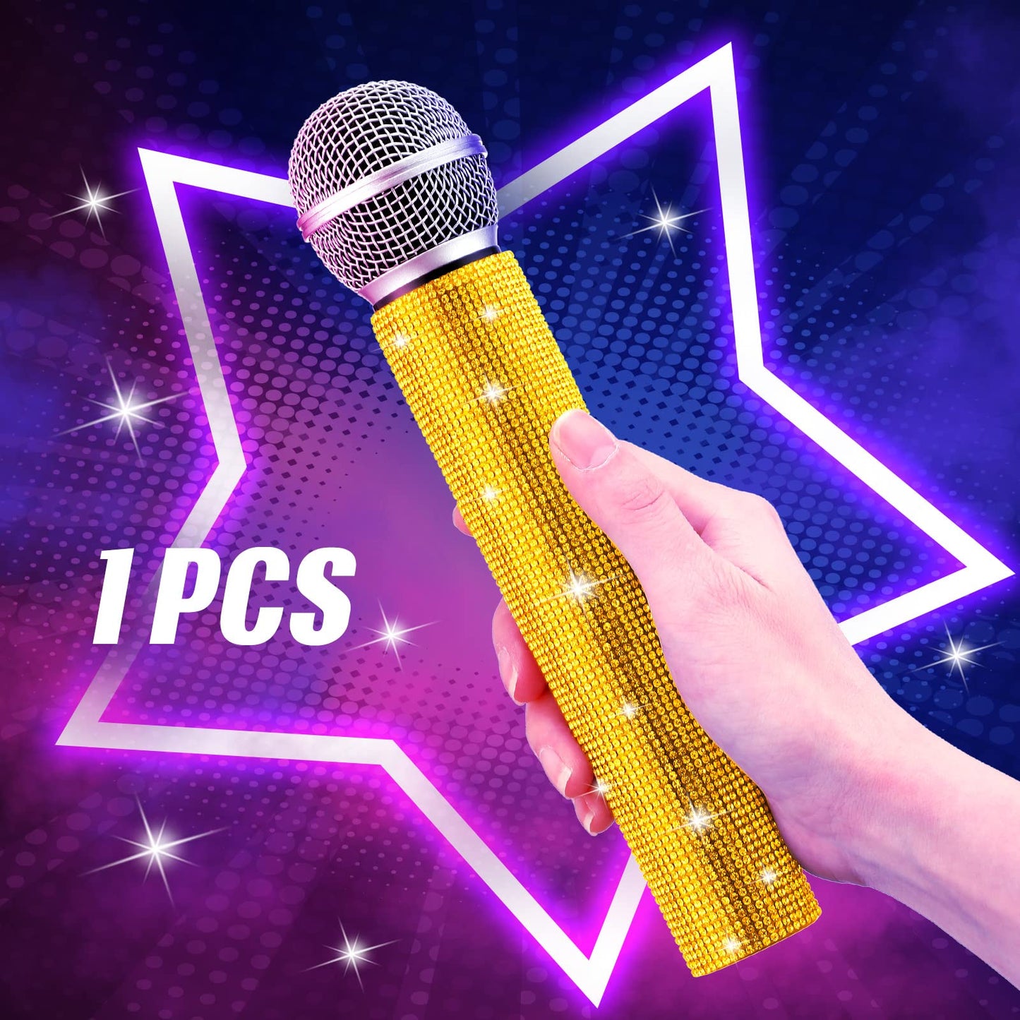 Sanwuta Fake Microphone Prop - Sparkly Rhinestones Gold Bedazzled Mic for Cosplay & Parties