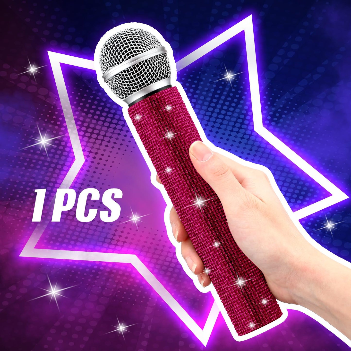 Sanwuta Sparkly Fake Microphone Prop - Rhinestone Bedazzled Mic for Cosplay (Dark Pink)