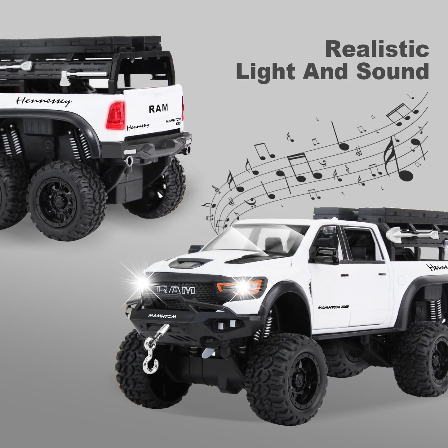 SASBSC 6X6 Toy Pickup Trucks – 1/24 Diecast Metal Cars with Light & Sound for Ages 3+ (White)
