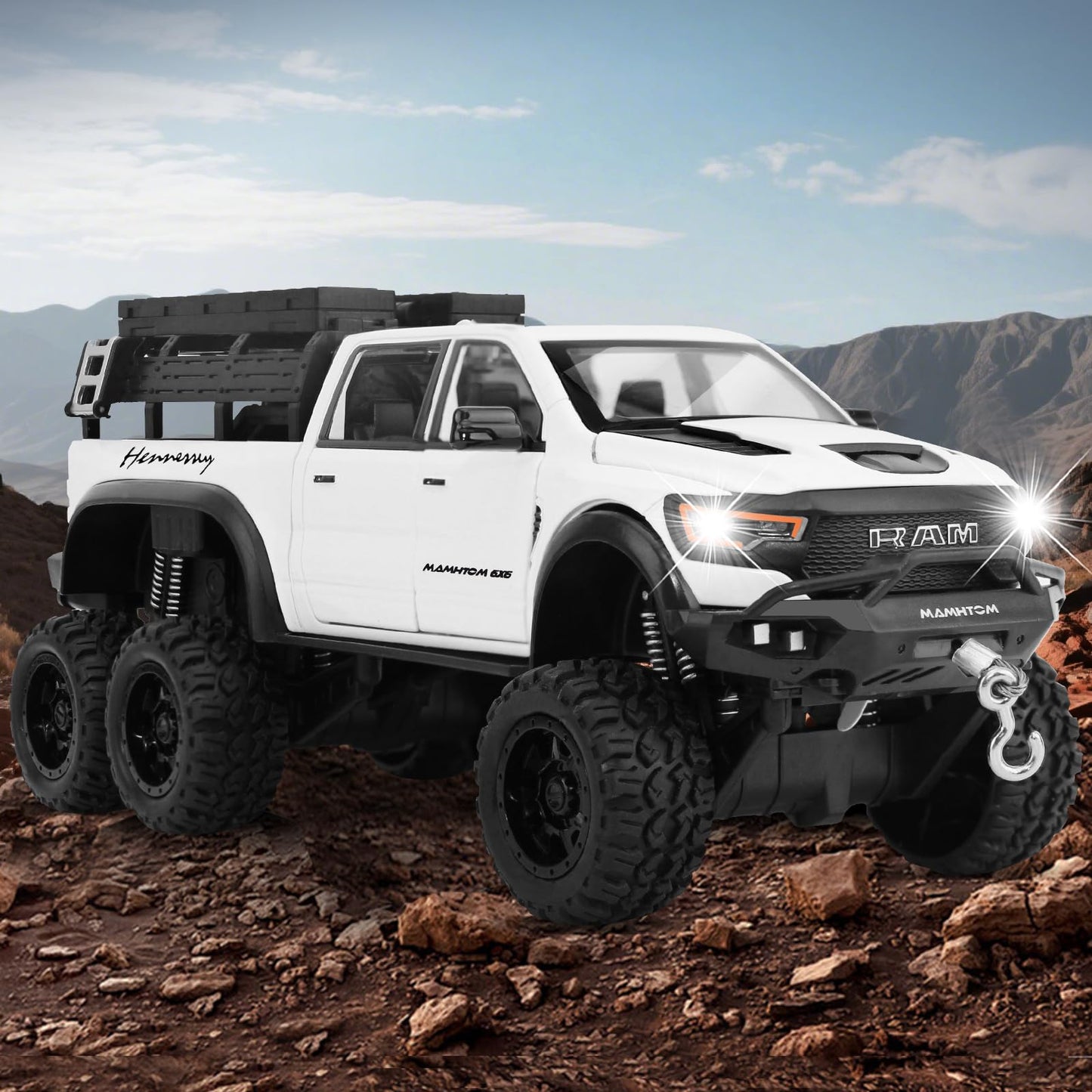 SASBSC 6X6 Toy Pickup Trucks – 1/24 Diecast Metal Cars with Light & Sound for Ages 3+ (White)