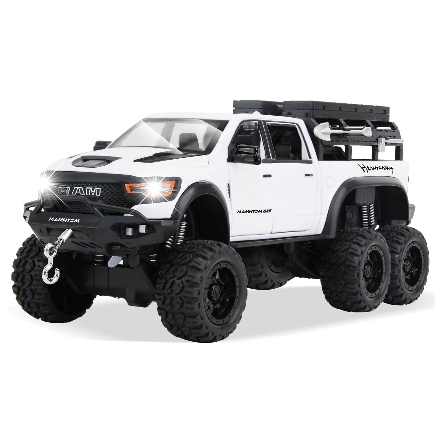 SASBSC 6X6 Toy Pickup Trucks – 1/24 Diecast Metal Cars with Light & Sound for Ages 3+ (White)