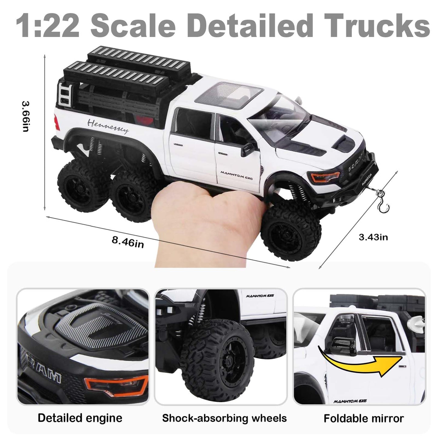 SASBSC 6X6 Toy Pickup Trucks – 1/24 Diecast Metal Cars with Light & Sound for Ages 3+ (White)