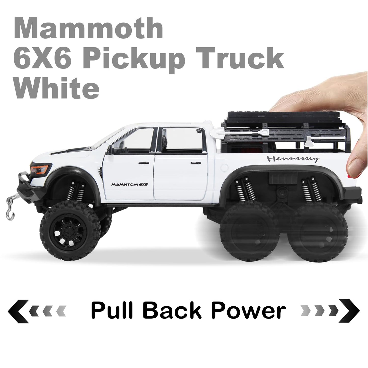 SASBSC 6X6 Toy Pickup Trucks – 1/24 Diecast Metal Cars with Light & Sound for Ages 3+ (White)