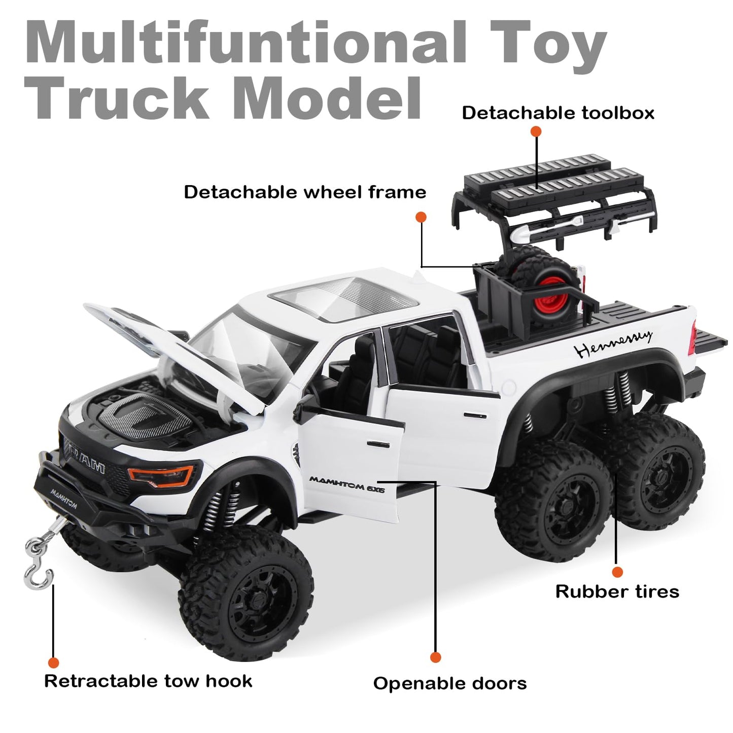SASBSC 6X6 Toy Pickup Trucks – 1/24 Diecast Metal Cars with Light & Sound for Ages 3+ (White)
